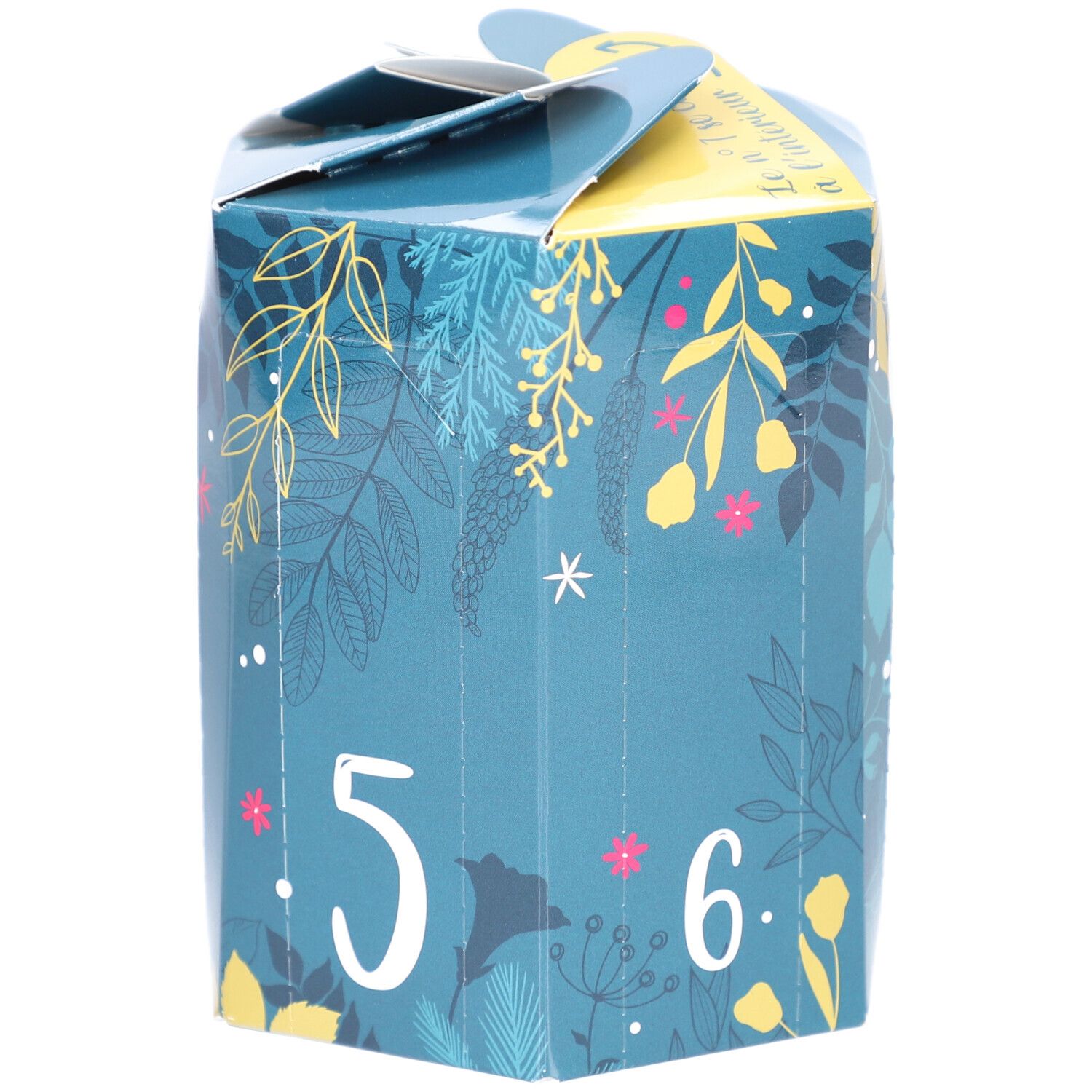 Boîte cadeau turquoise hexagonale avec motifs floraux et numéros 5 et 6.