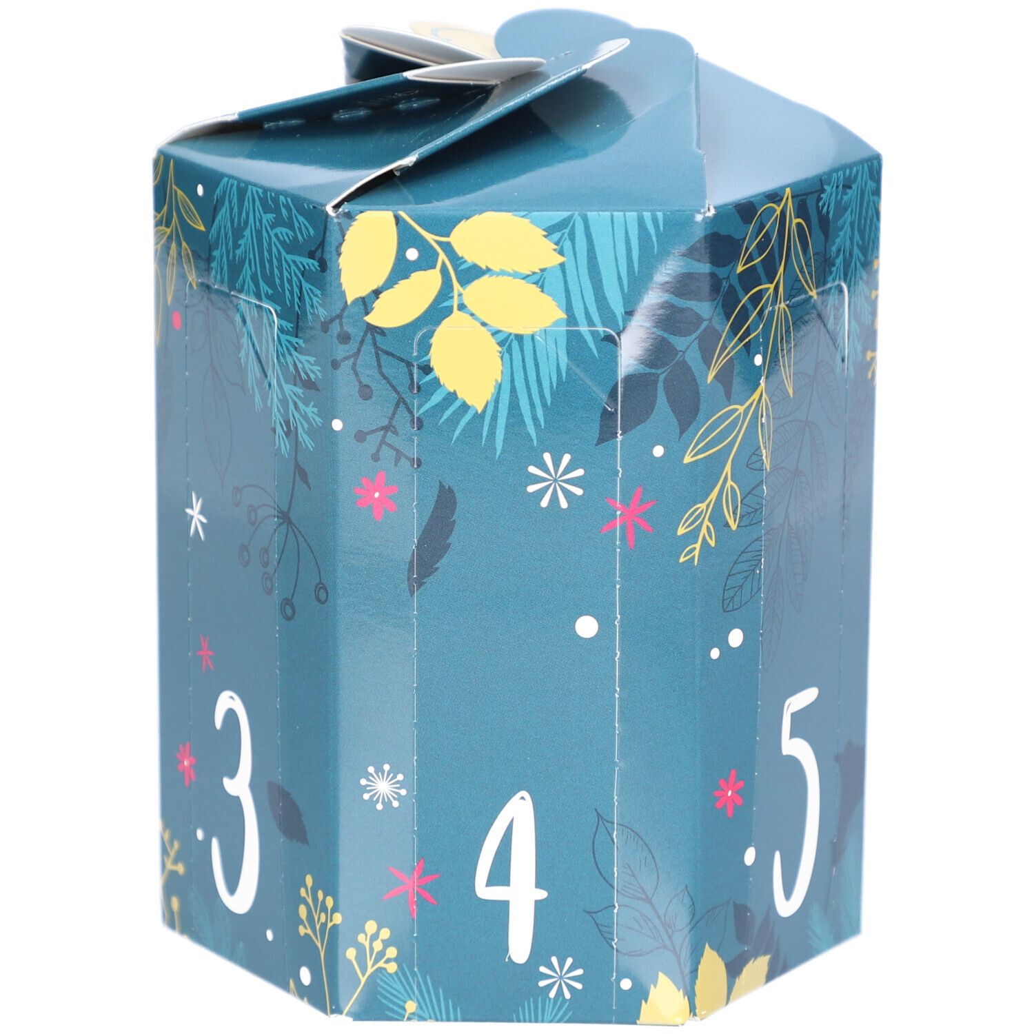 Boîte cadeau turquoise hexagonale avec motifs floraux et numéros 3, 4 et 5.