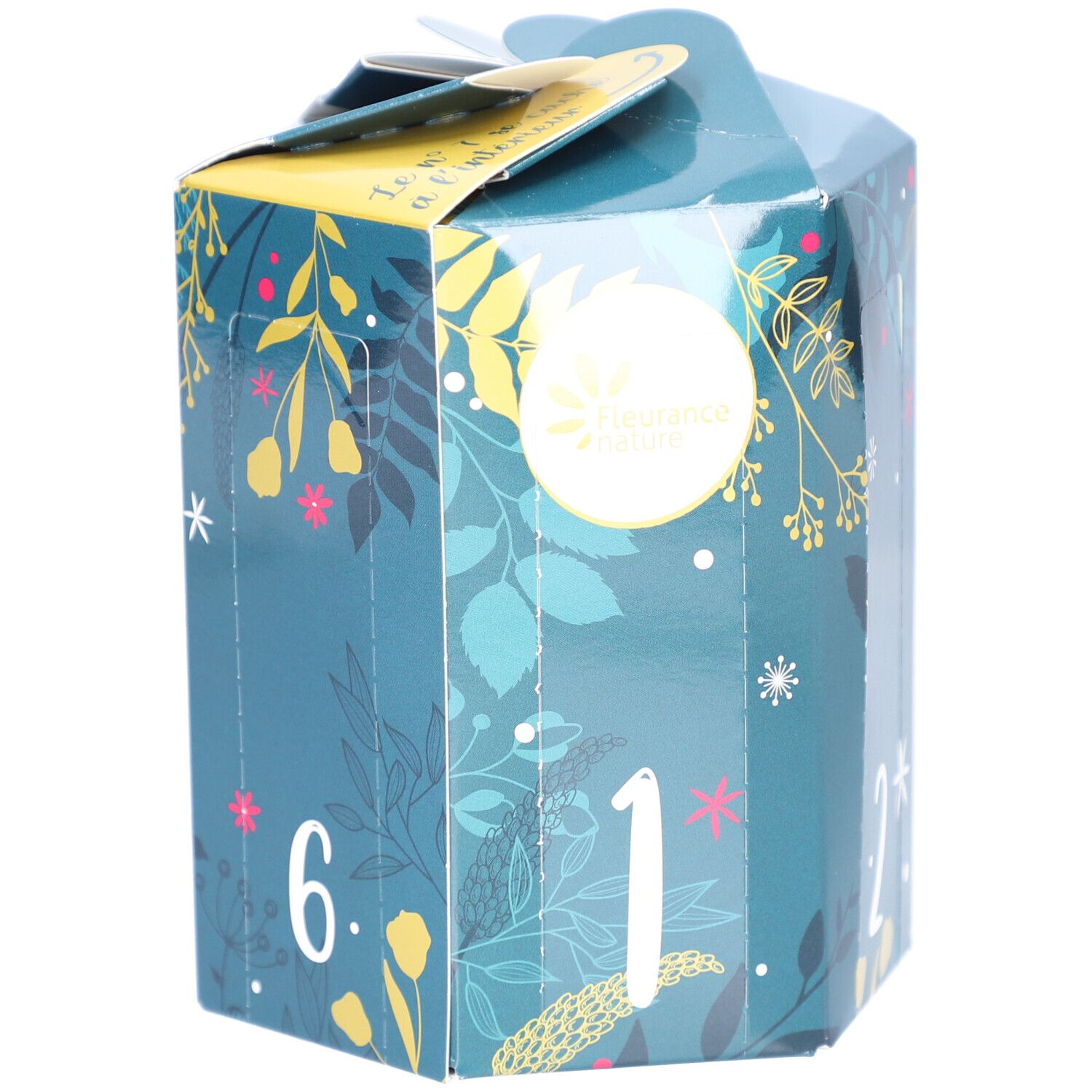 Boîte cadeau turquoise hexagonale avec motifs floraux et numéros 1, 2 et 6. Marque: Fleurance Nature.