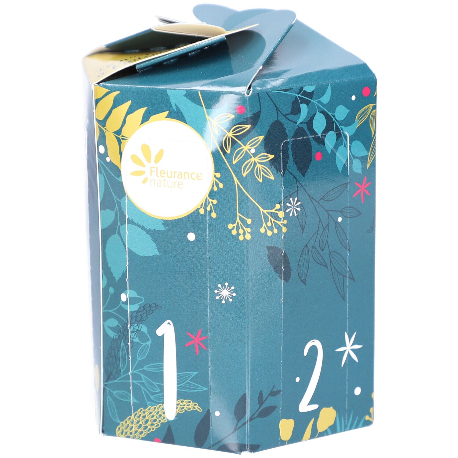 Boîte cadeau turquoise hexagonale avec motifs floraux et numéros 1 et 2. Marque: Fleurance Nature.