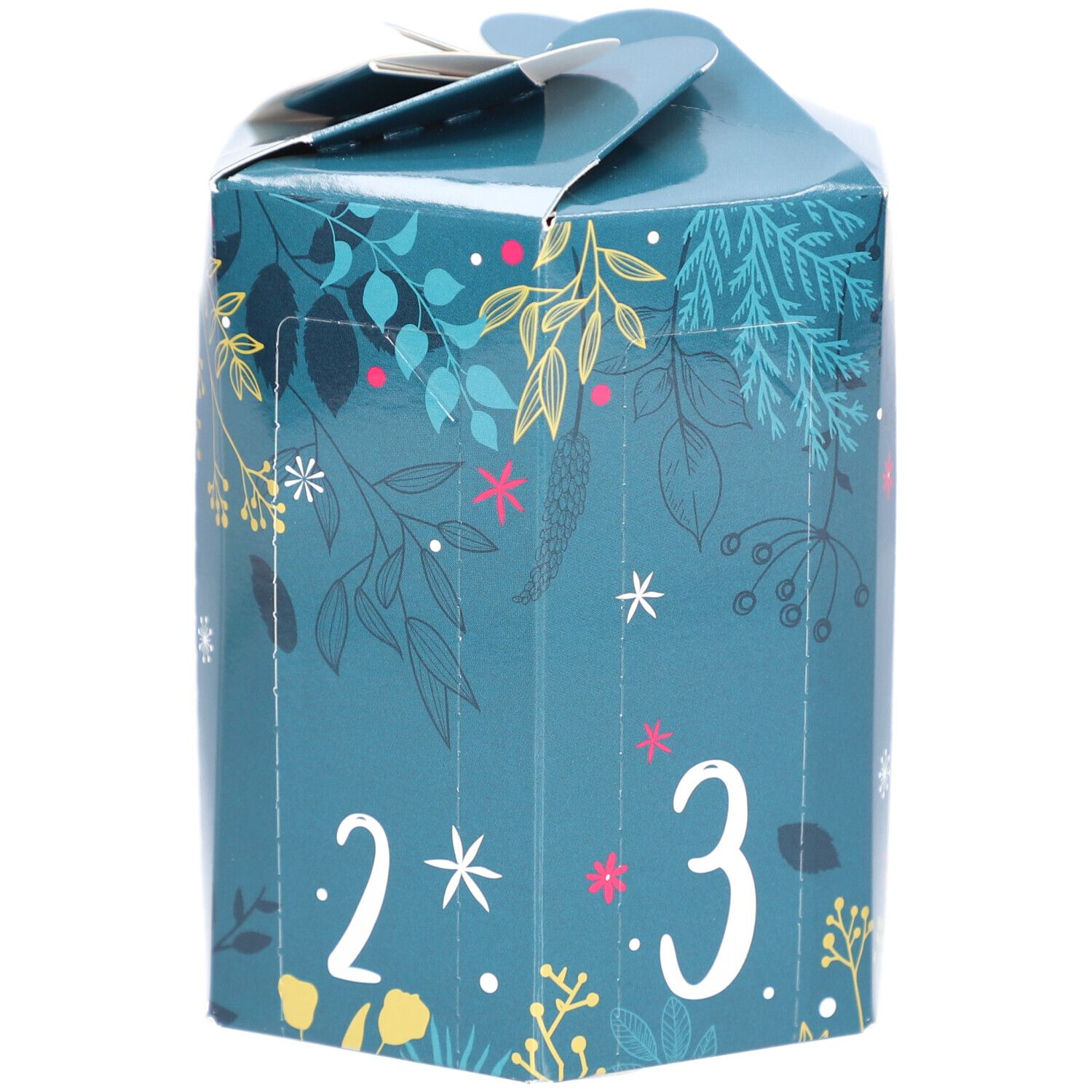 Boîte cadeau turquoise hexagonale avec motifs floraux et numéros 2 et 3.