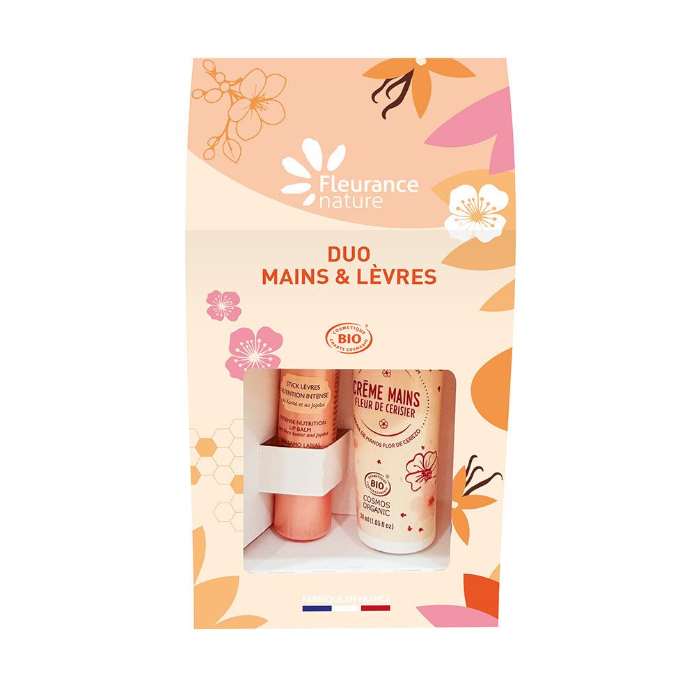 Coffret Duo Mains & Lèvres. Crème et baume à lèvres. Design floral, certification BIO. Drapeau français en bas.