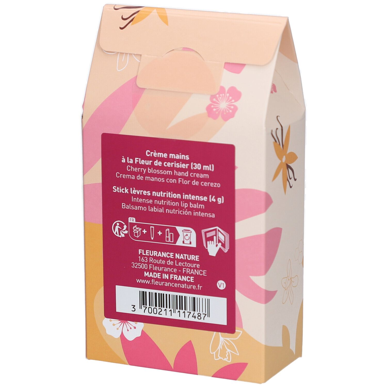 Dos du coffret Duo Mains & Lèvres. Texte: Crème mains, Stick lèvres. Ingrédients, informations fabricant.