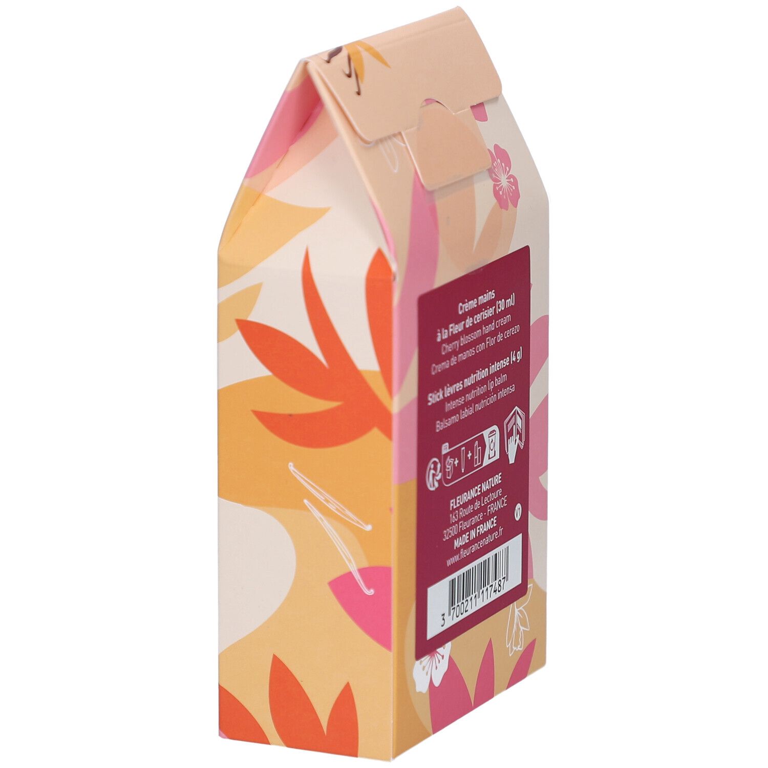 Vue latérale du coffret Duo Mains & Lèvres. Dos avec texte. Imprimé floral.