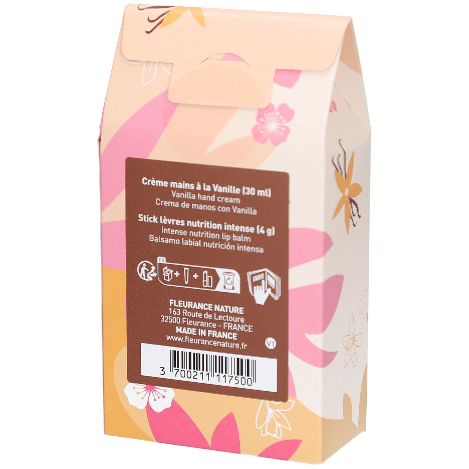 Dos du coffret. Informations produit, ingrédients, adresse fabricant et certification Bio.