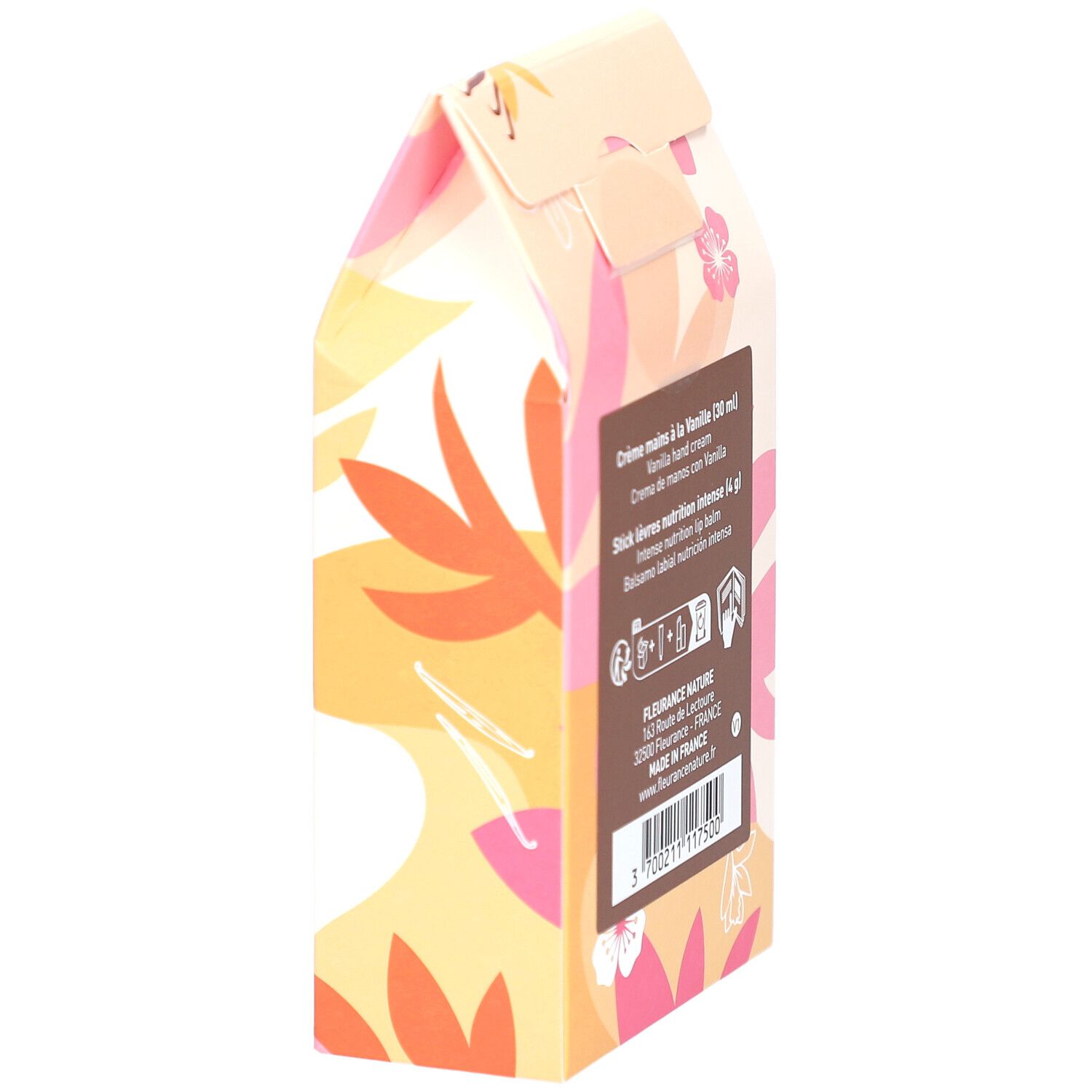 Vue oblique du coffret. Arrière avec informations produit et certification Bio.