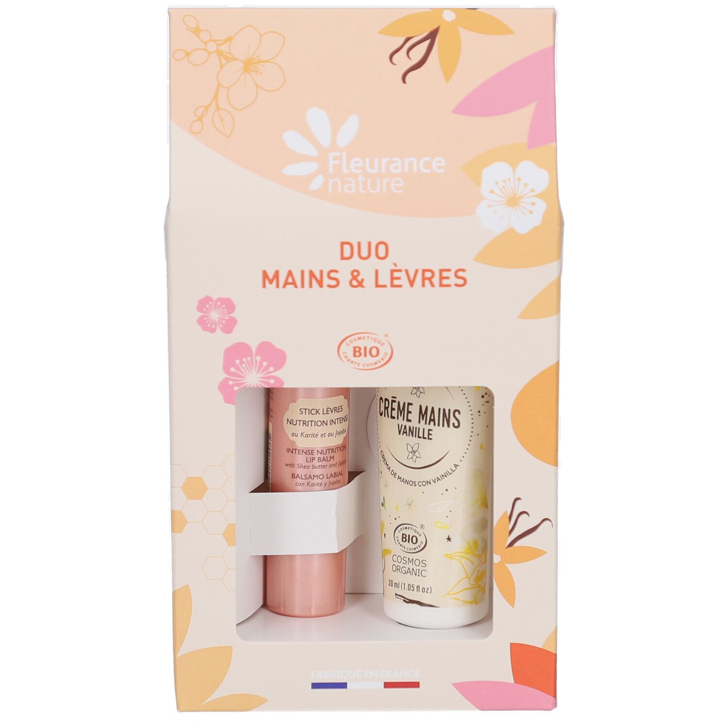Coffret Duo Mains & Lèvres. Stick lèvres et crème mains visibles. Label Bio.