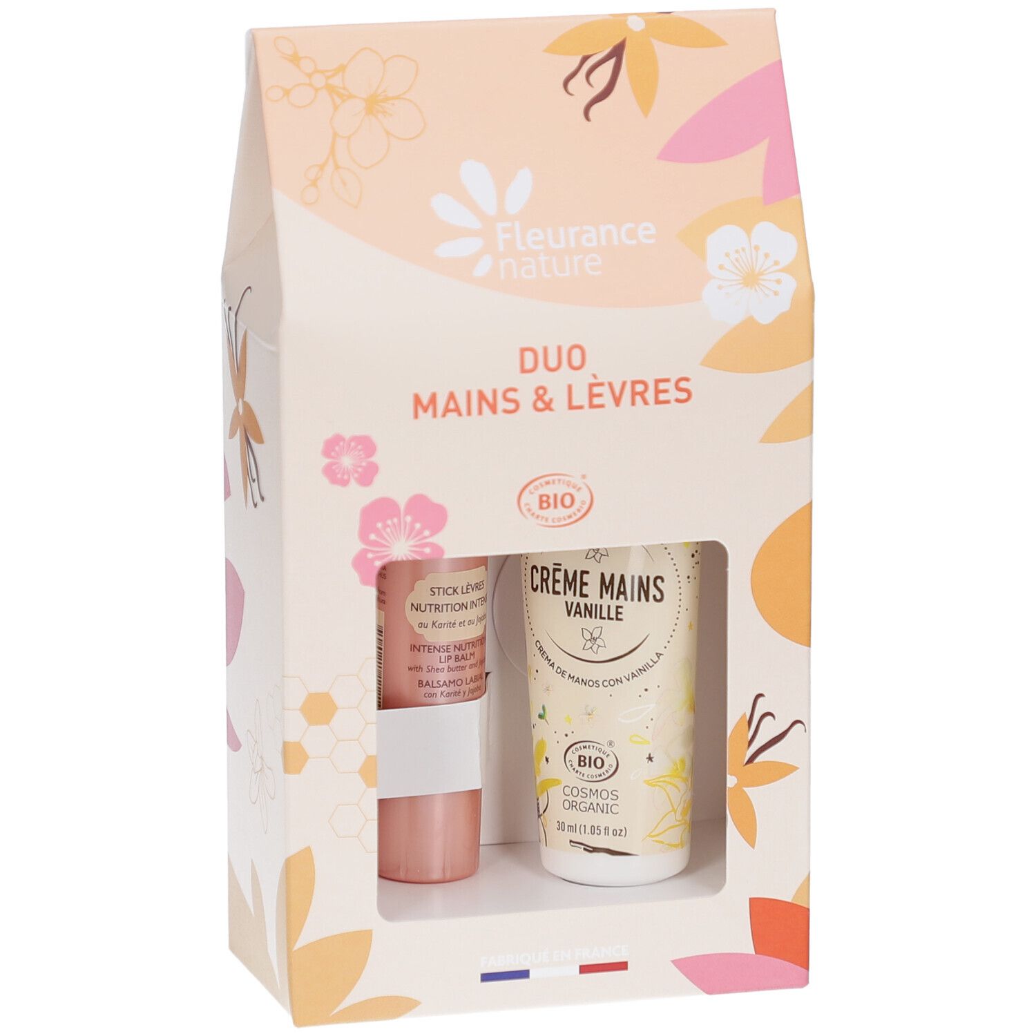 Coffret Duo Mains & Lèvres. Stick lèvres et crème mains visibles. Label Bio.