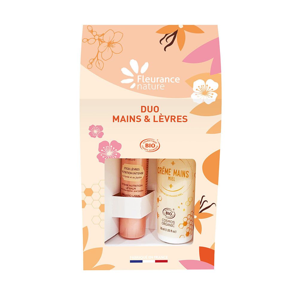 Coffret Duo Mains & Lèvres. Deux produits visibles. Certification Bio. Drapeau français en bas.