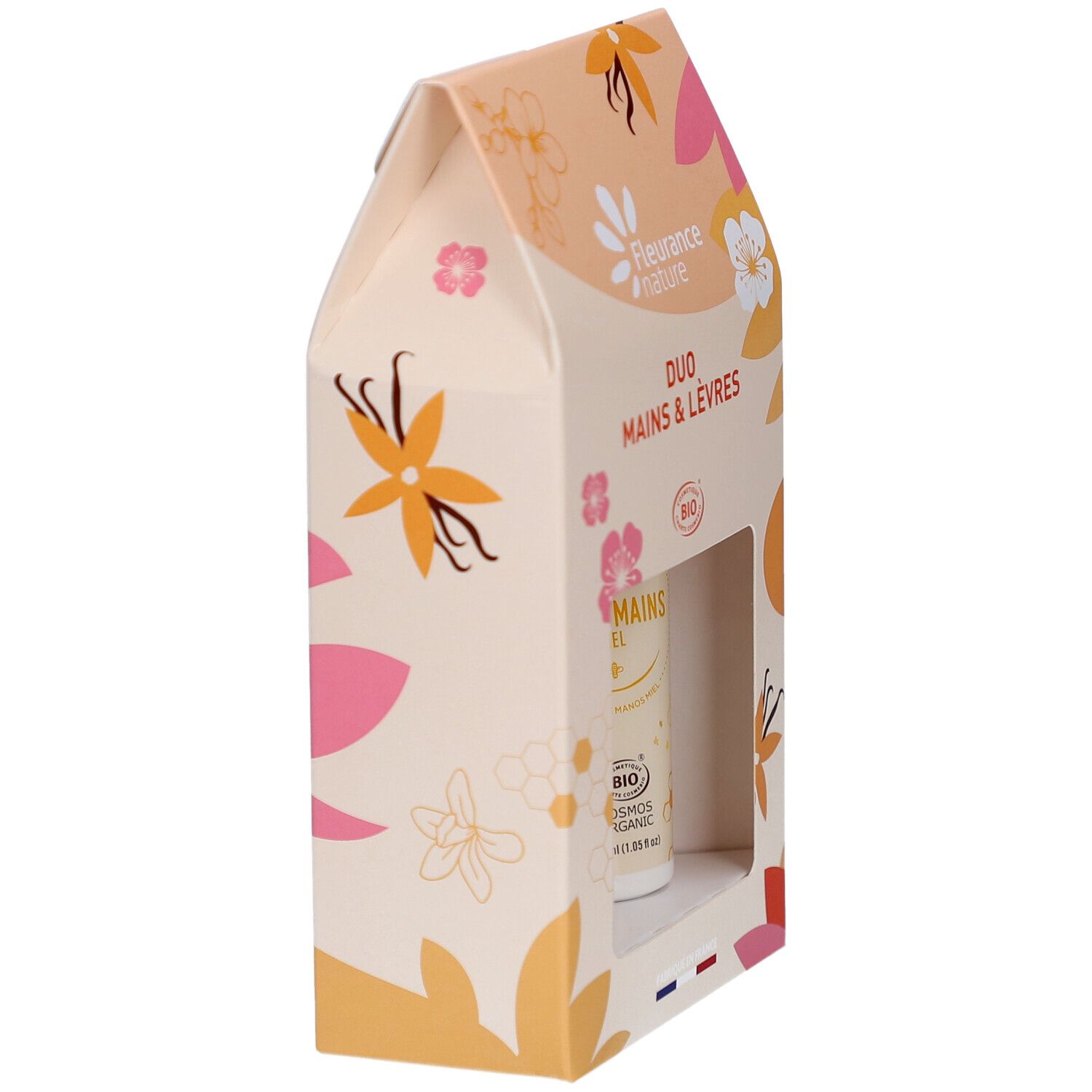 Côté d'un coffret Duo Mains & Lèvres. Motif floral. Crème mains visible. Certification bio.