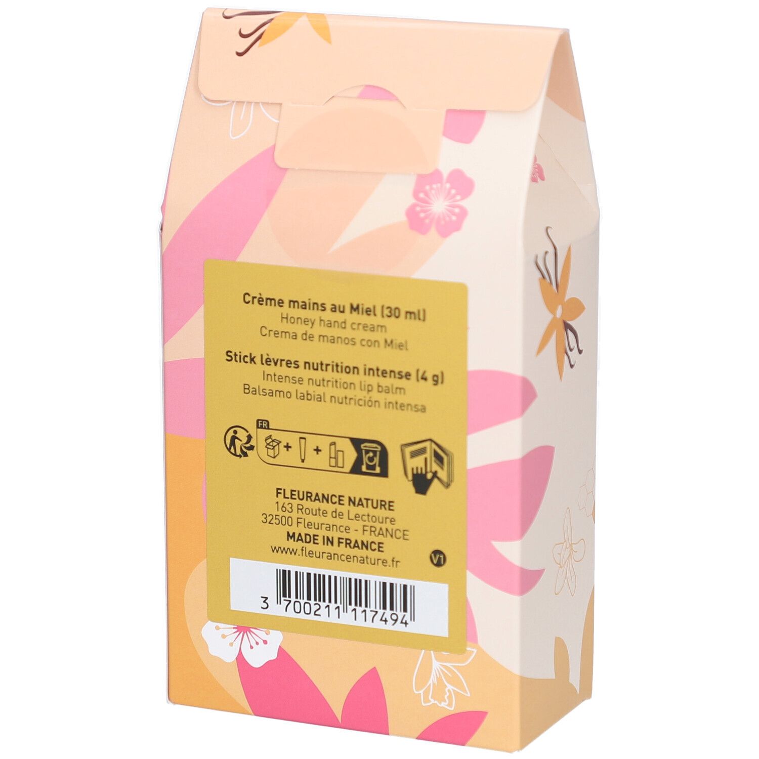 Dos du coffret. Informations sur les ingrédients et le fabricant. Certification bio.