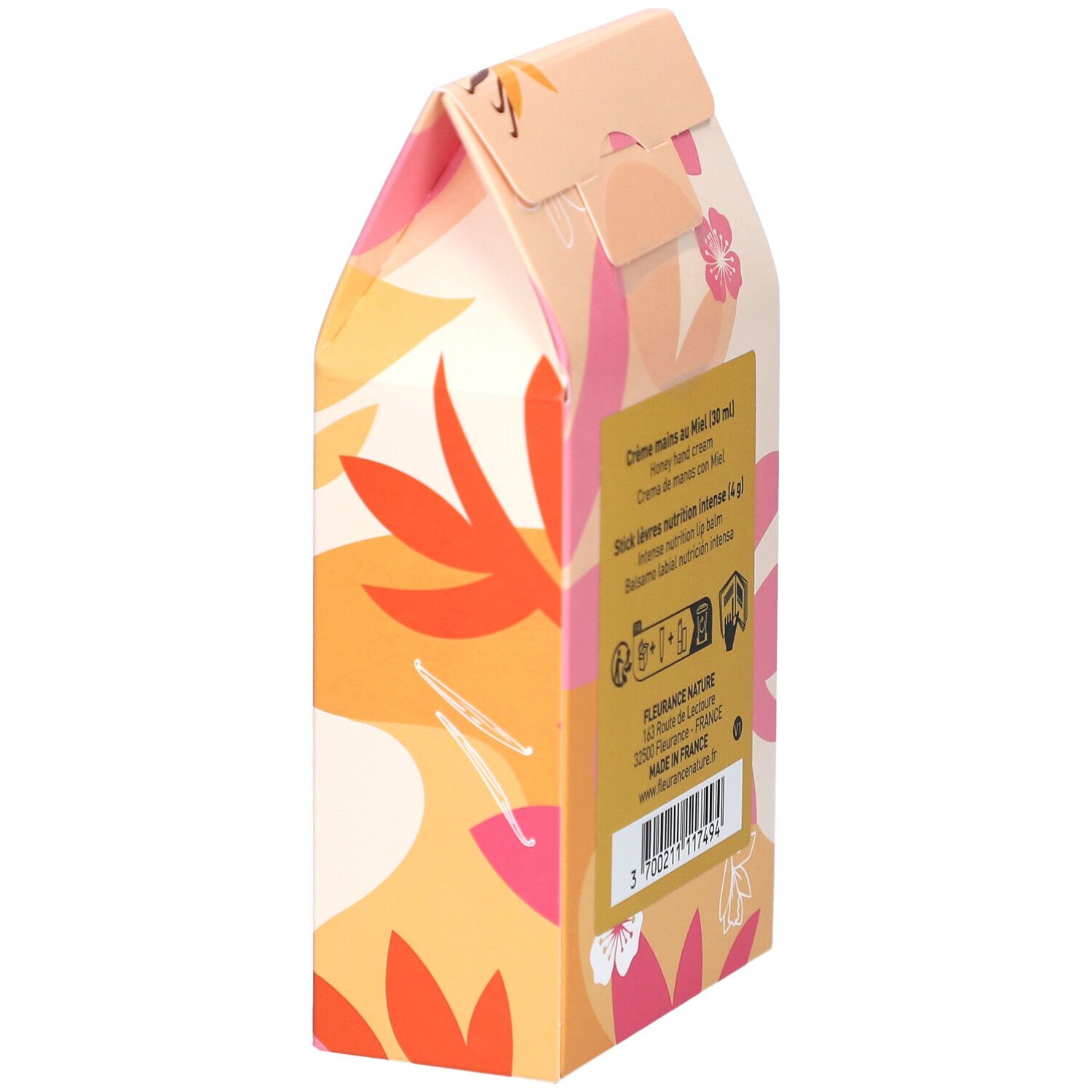 Vue latérale du coffret. Motifs floraux. Informations sur les ingrédients. Certification bio.