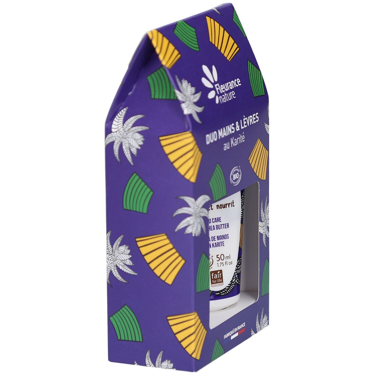 Vue latérale du coffret Duo Mains & Lèvres au Karité. Emballage violet avec motifs floraux. Contient de la crème pour les mains.