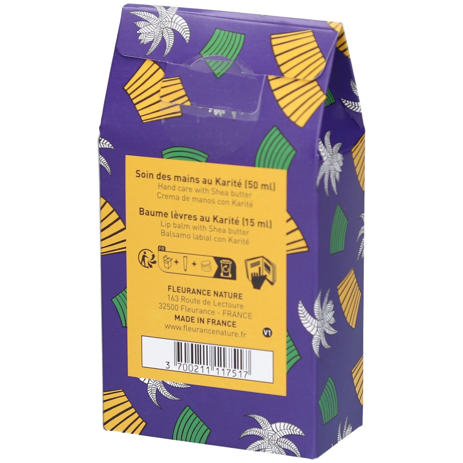 Dos du coffret Duo Mains & Lèvres au Karité. Emballage violet avec informations produit et ingrédients.