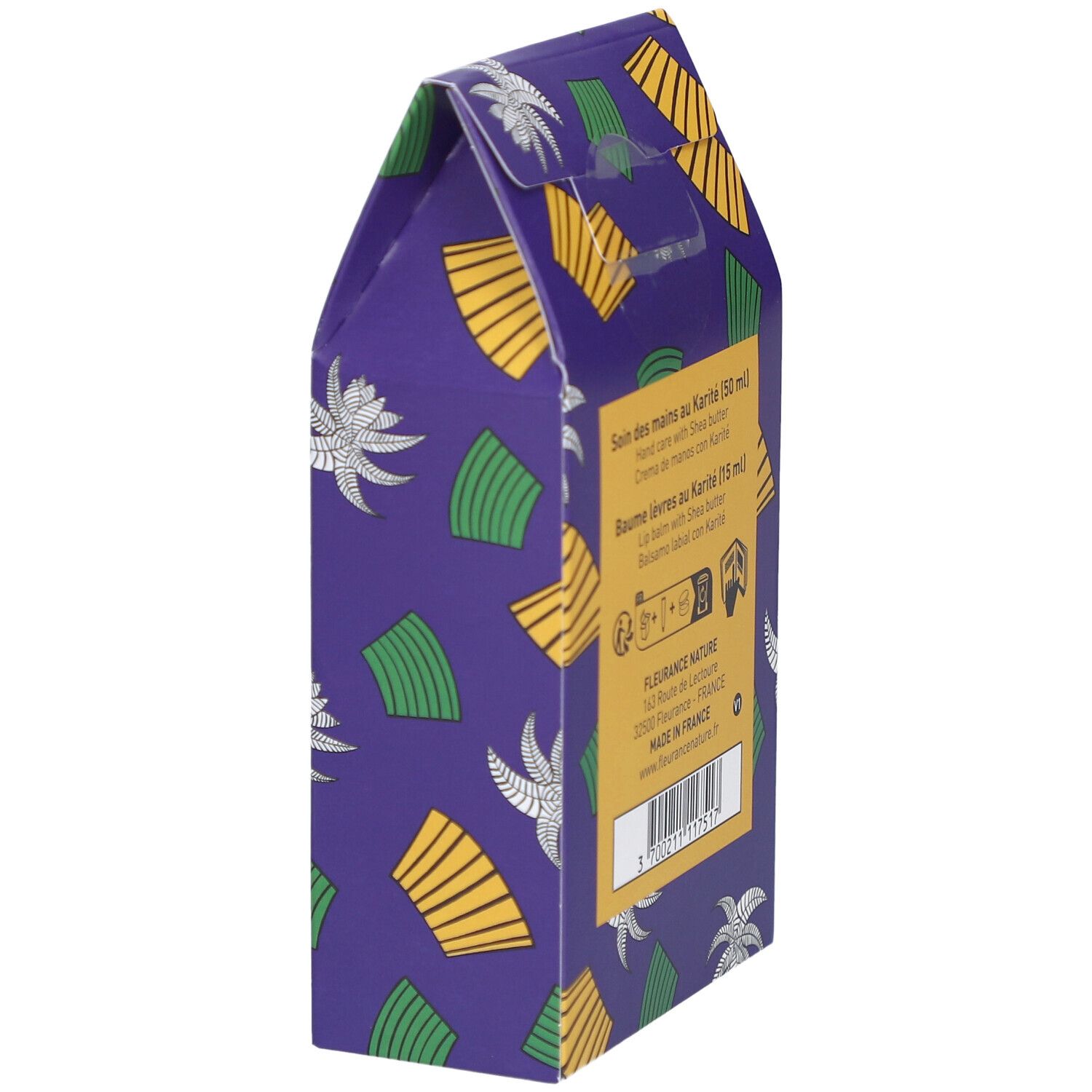 Vue latérale du coffret Duo Mains & Lèvres au Karité. Emballage violet avec informations produit.