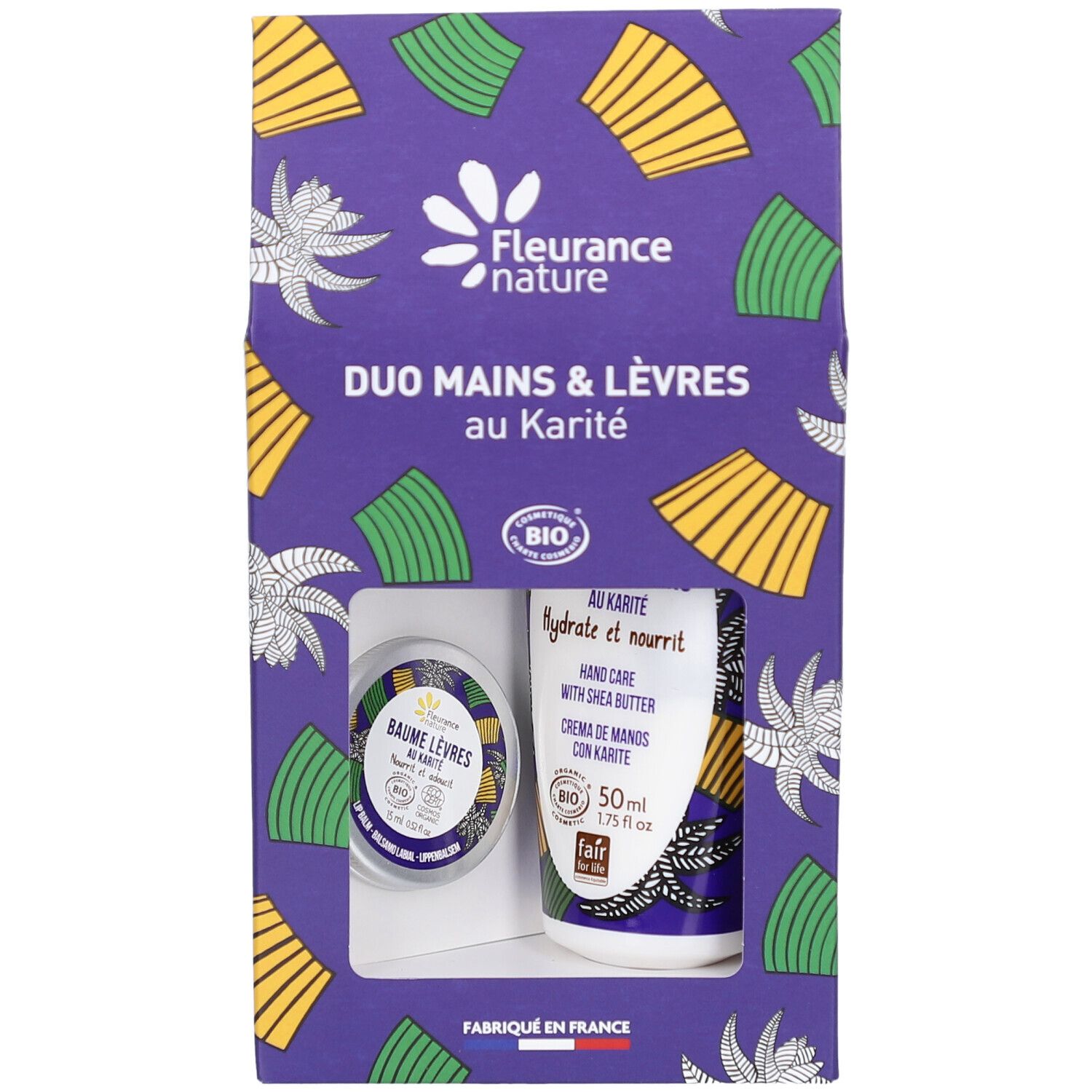 Coffret Duo Mains & Lèvres au Karité. Emballage violet avec baume à lèvres et crème mains. Contient Duo Mains & Lèvres.