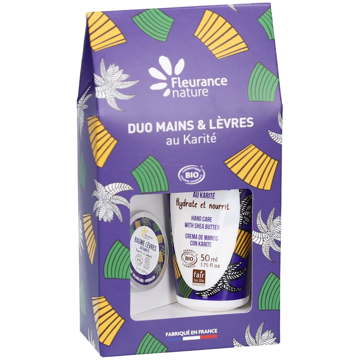 Coffret Duo Mains & Lèvres au Karité. Emballage violet avec baume à lèvres et crème mains. Contient Duo Mains & Lèvres.