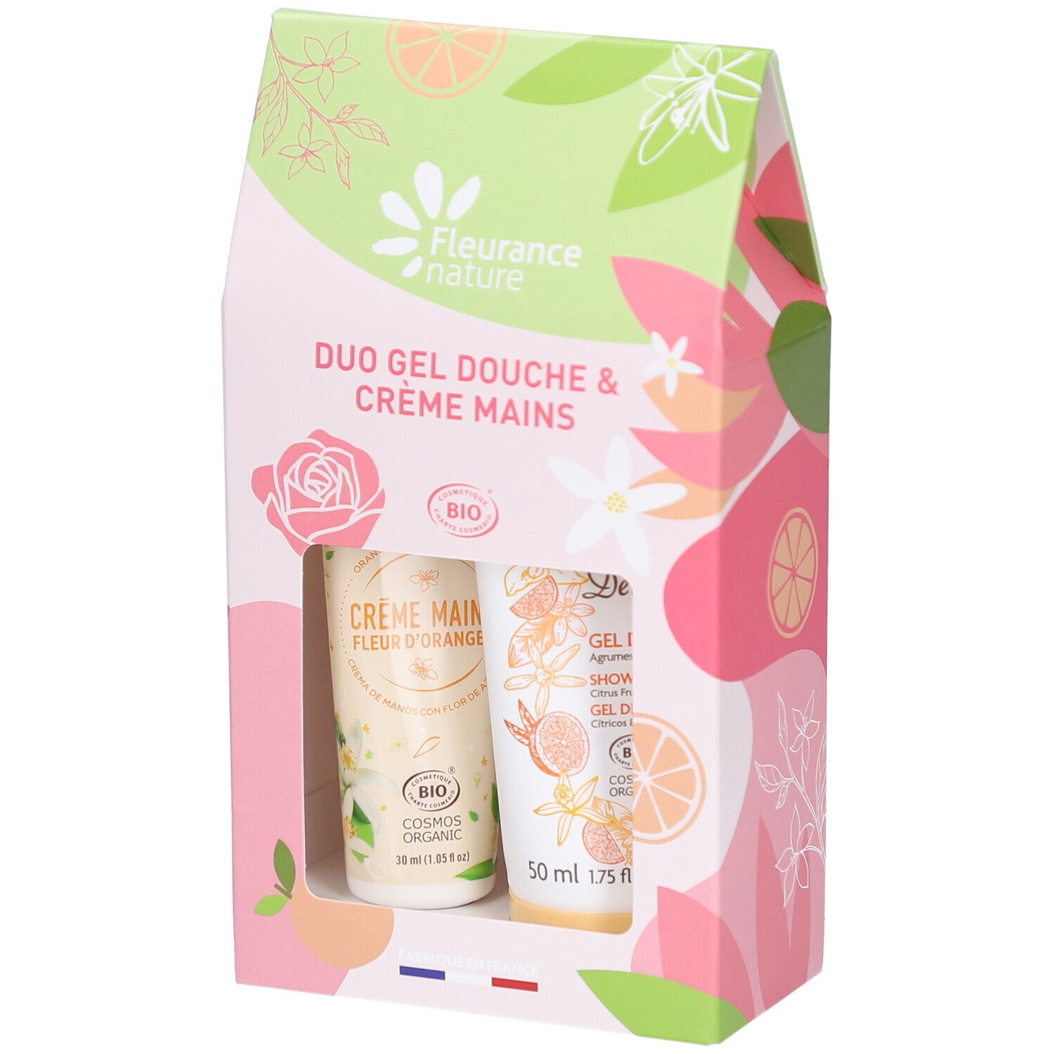 Coffret cadeau avec deux tubes. Inscription: Duo Gel Douche & Crème Mains. Certification Bio. Motifs floraux et agrumes.