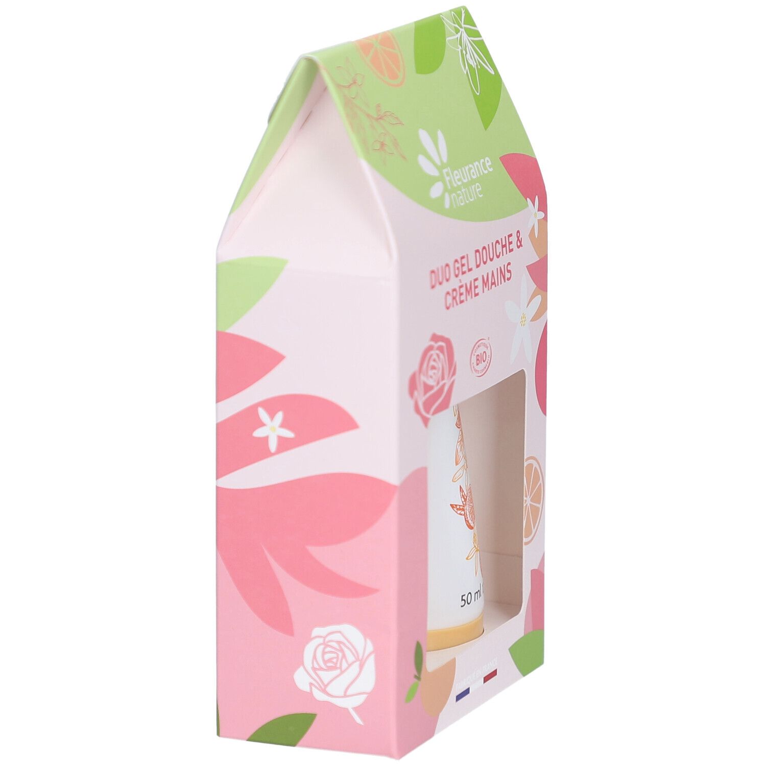 Vue latérale du coffret cadeau. Fenêtre montrant un tube. Motifs floraux et agrumes. Certification Bio.