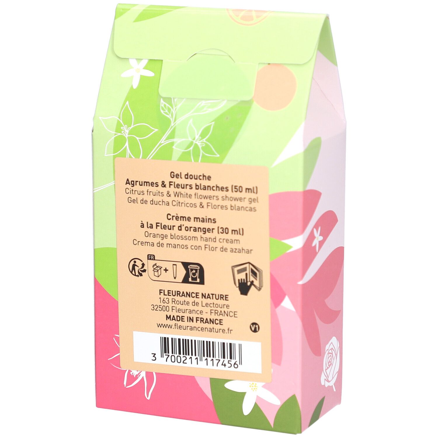 Dos du coffret cadeau. Informations produit et ingrédients. Certification Bio. Code-barres et pays d'origine.