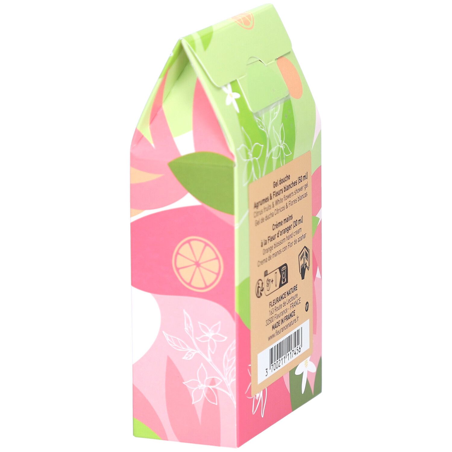 Vue latérale du coffret cadeau. Informations produit et ingrédients. Motifs floraux et agrumes. Certification Bio.