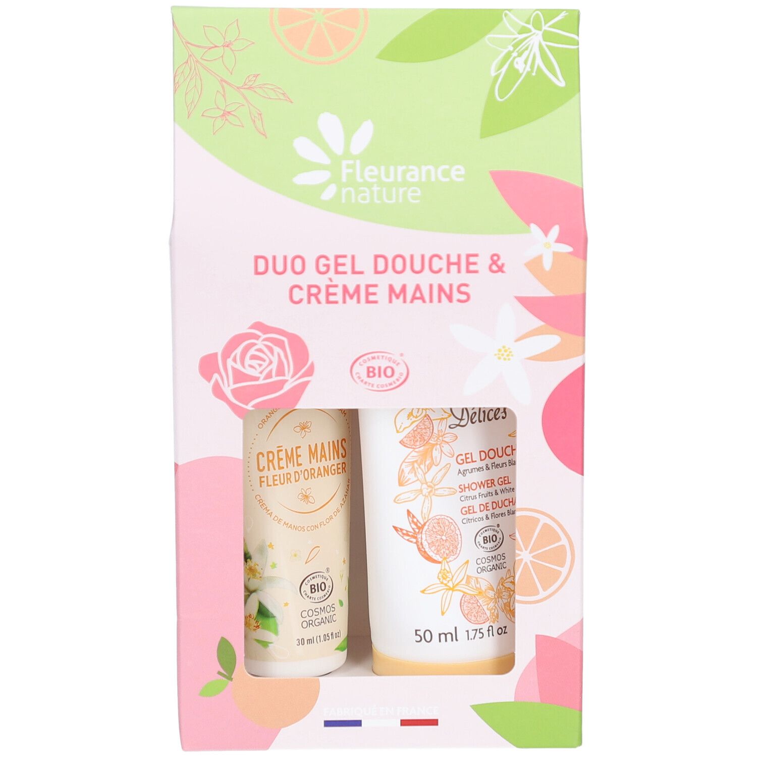 Coffret cadeau avec gel douche et crème mains. Produits visibles. Emballage floral.