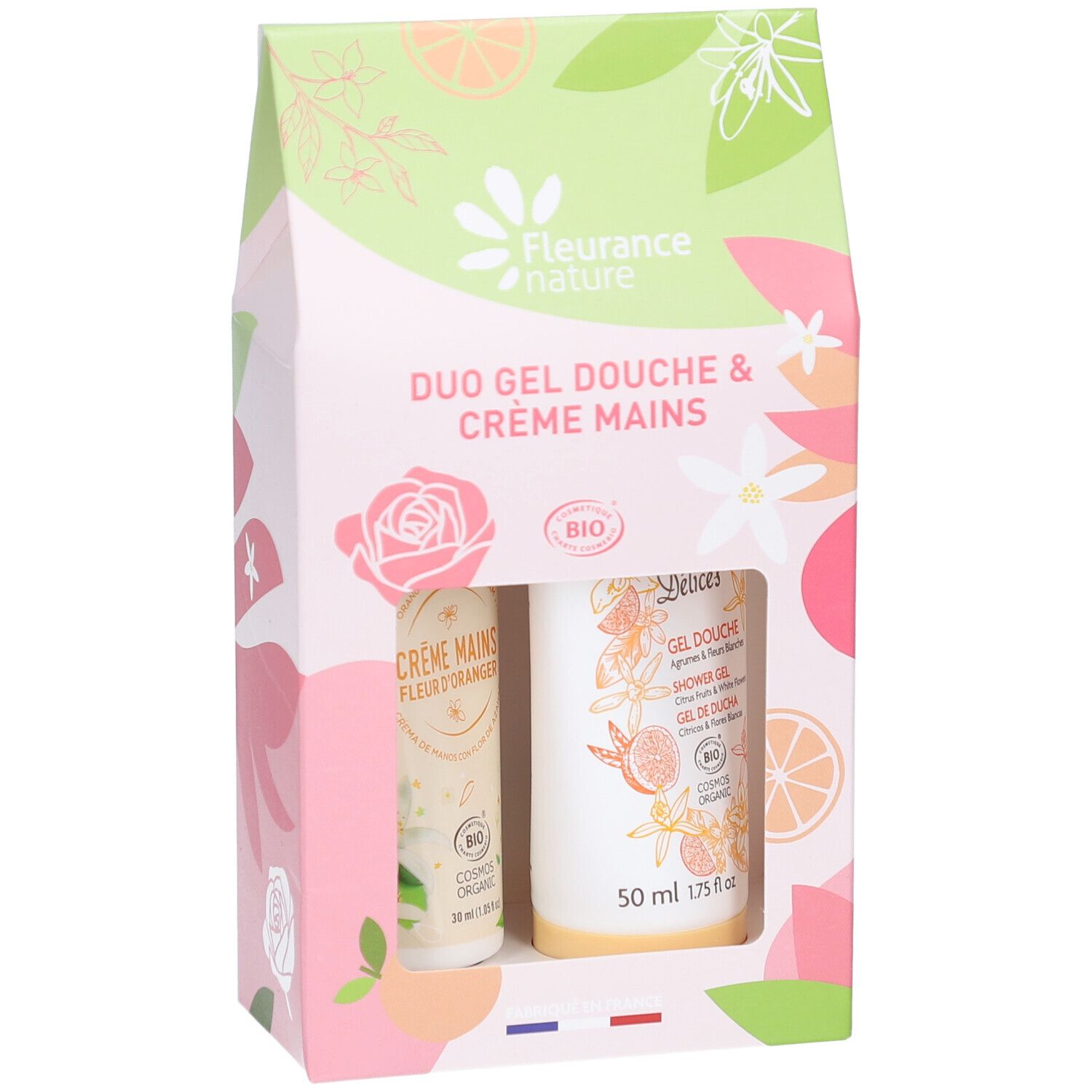 Coffret cadeau avec deux tubes. Inscription: Duo Gel Douche & Crème Mains. Certification Bio. Motifs floraux et agrumes.