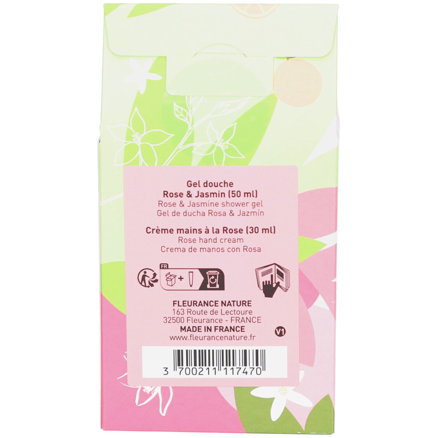 Dos du coffret. Texte: Gel douche Rose & Jasmin, Crème mains à la Rose. Informations fabricant et code-barres.