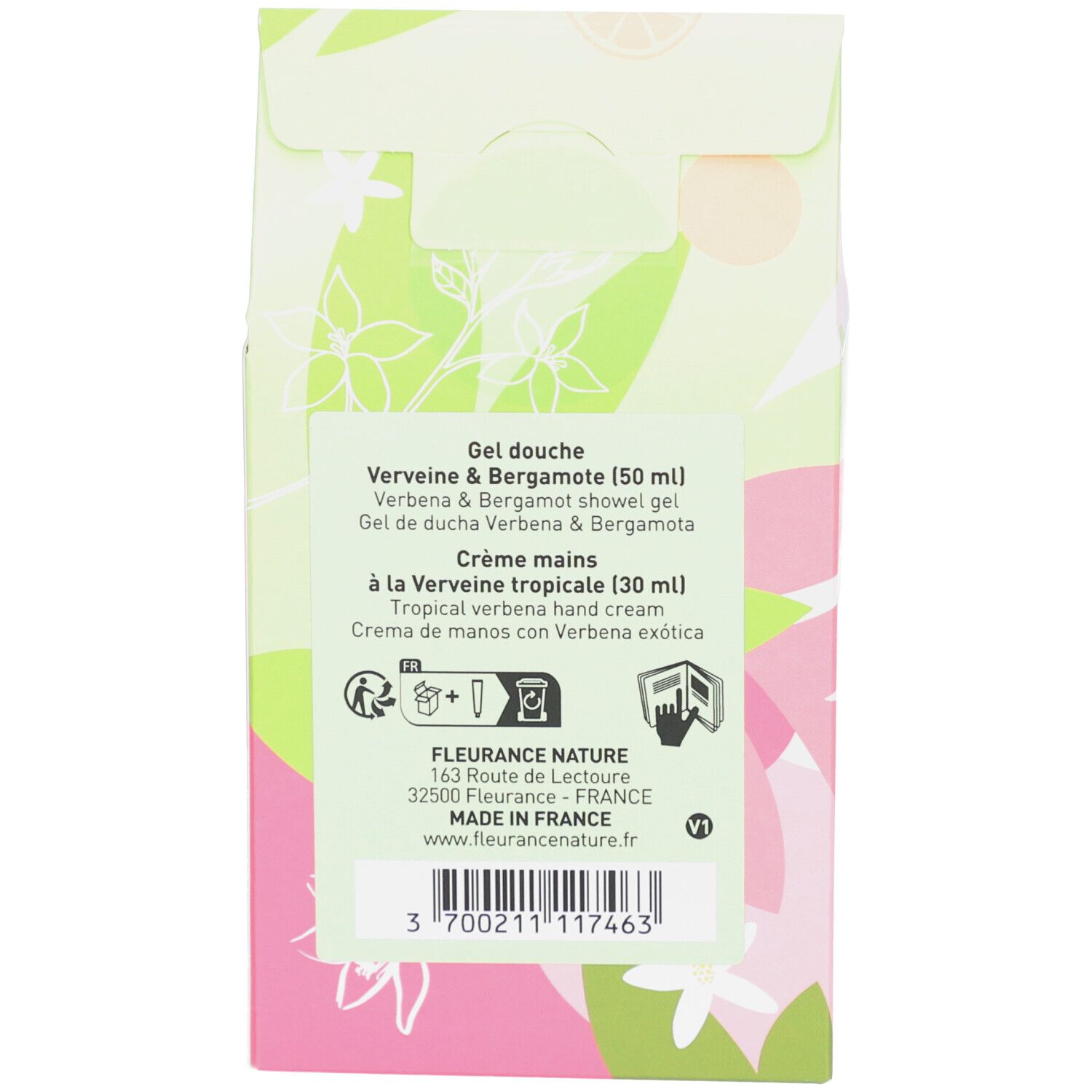 Dos de l'emballage. Texte: Gel douche, Crème mains. Informations ingrédients, fabricant et certifications. Code-barres.