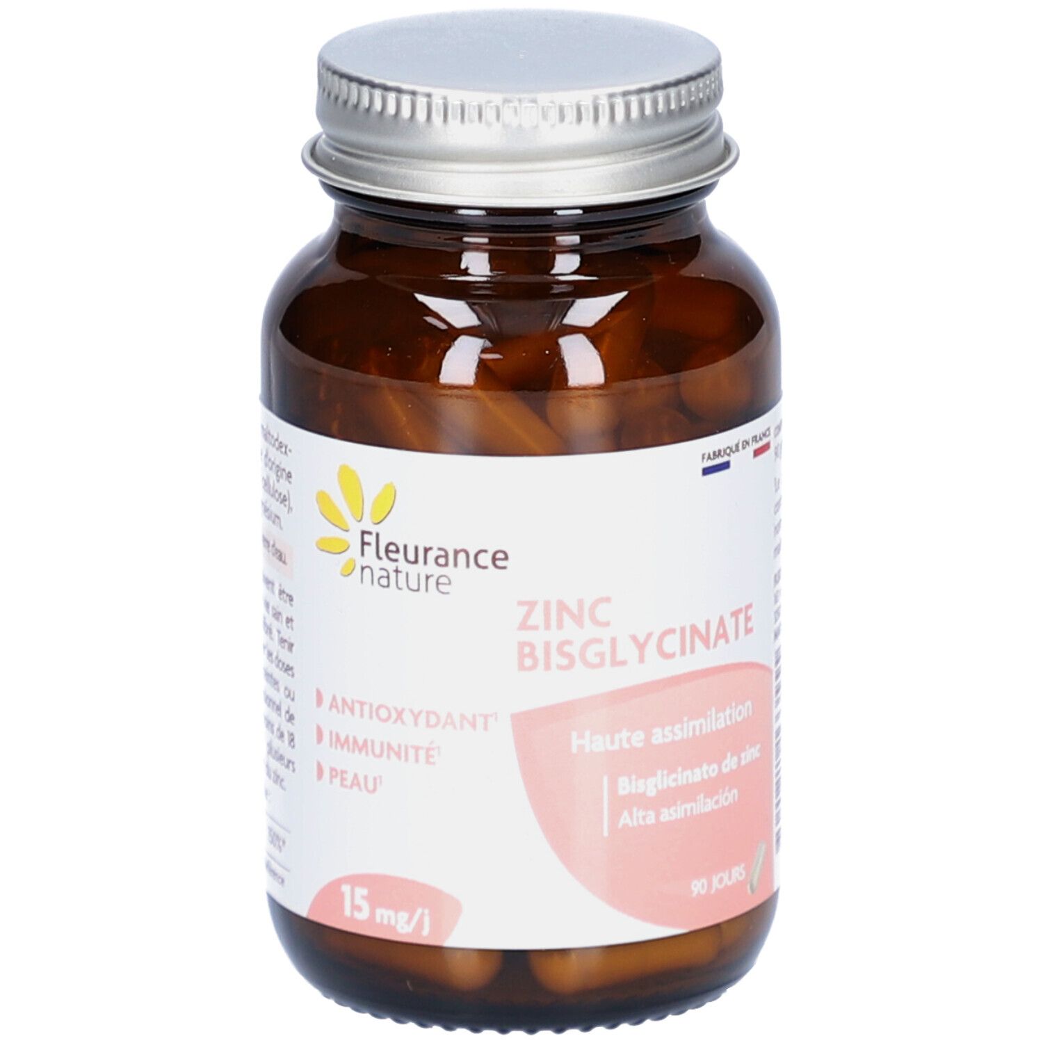 Flacon en verre brun avec gélules. Inscription: ZINC BISGLYCINATE. Marque: Fleurance nature. 15 mg/l.