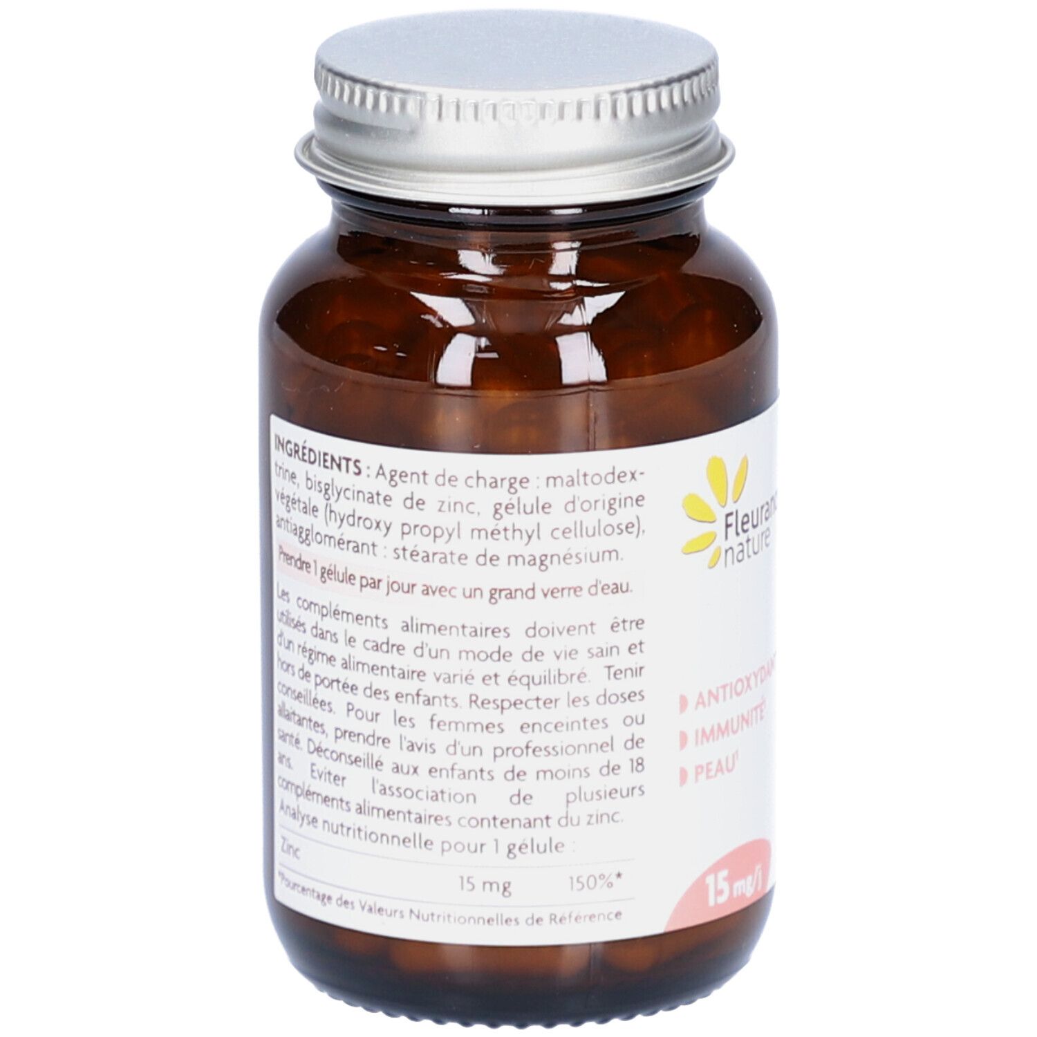Dos du flacon. Liste des ingrédients et informations nutritionnelles. Marque: Fleurance nature. 15 mg/l.