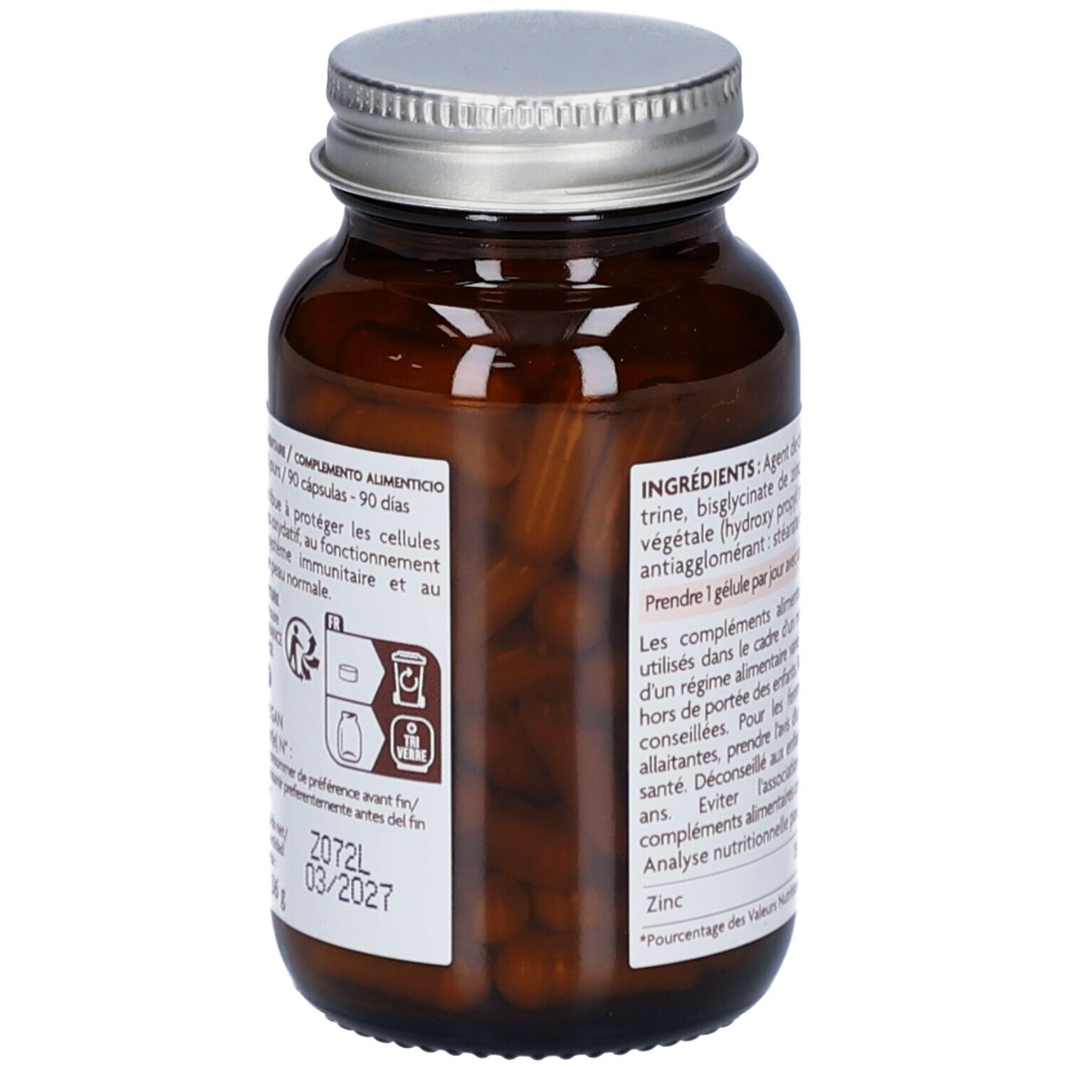 Dos du flacon avec gélules. Date de péremption: 03/2027. Marque: Fleurance nature.