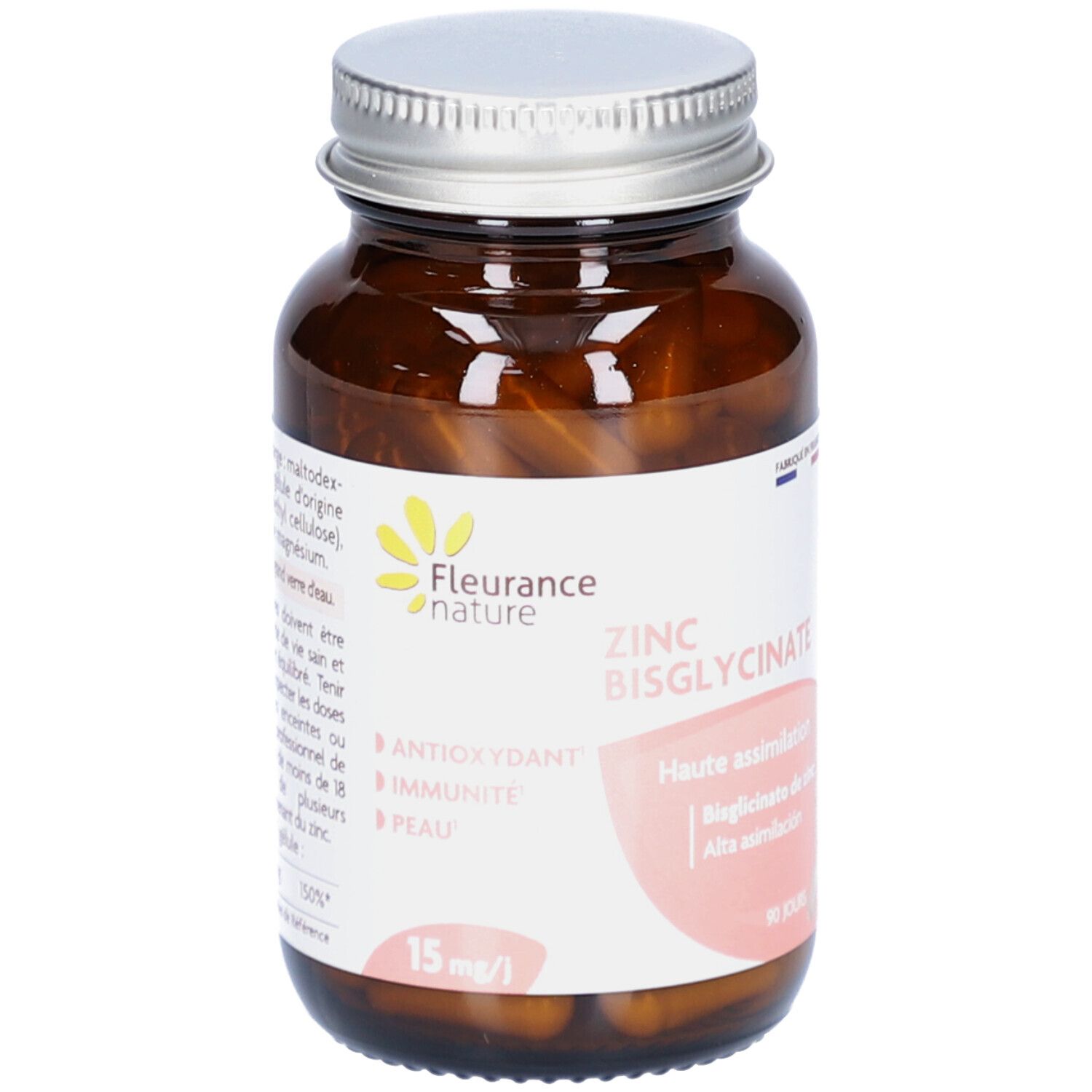 Flacon en verre brun avec gélules. Inscription: ZINC BISGLYCINATE. Marque: Fleurance nature. 15 mg/l.