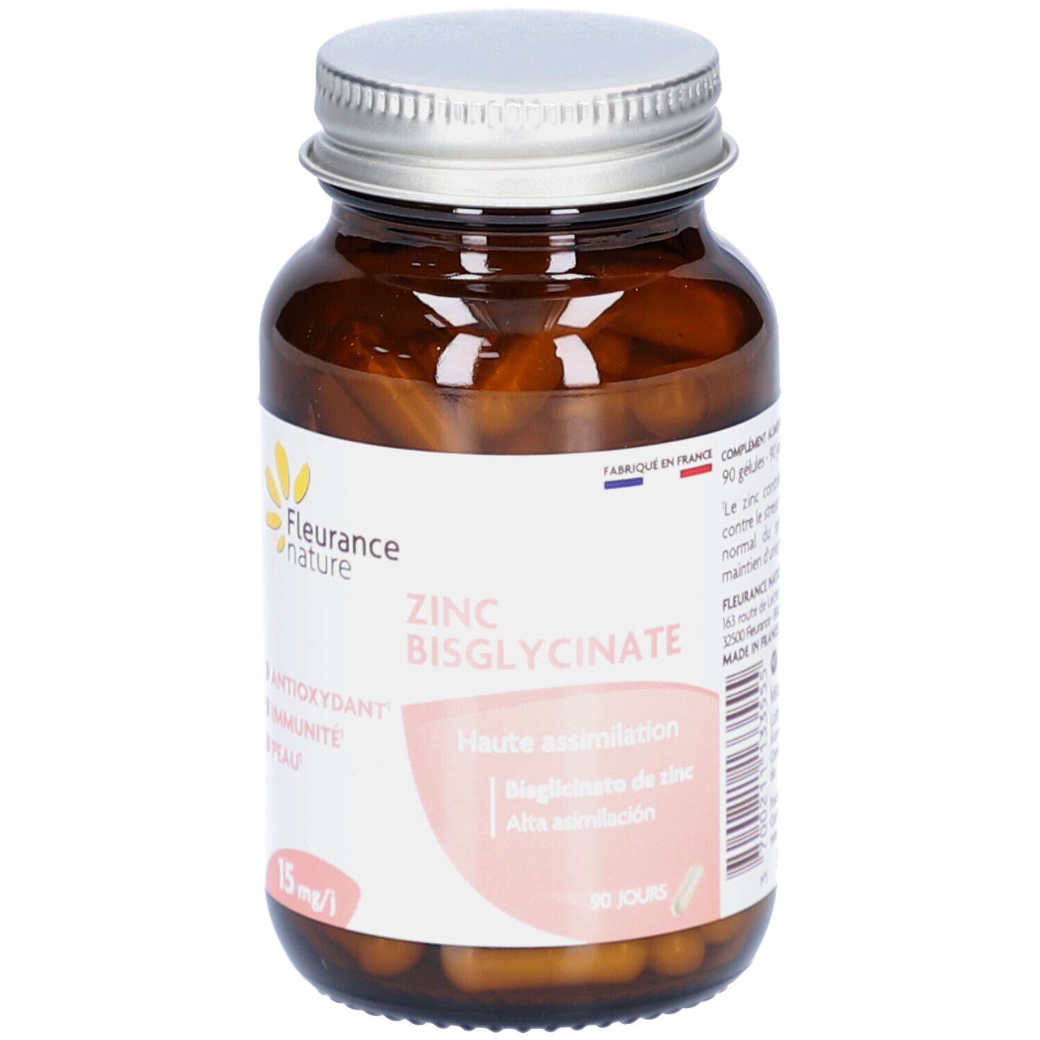 Flacon en verre brun avec gélules. Inscription: ZINC BISGLYCINATE. Marque: Fleurance nature. 15 mg/l.