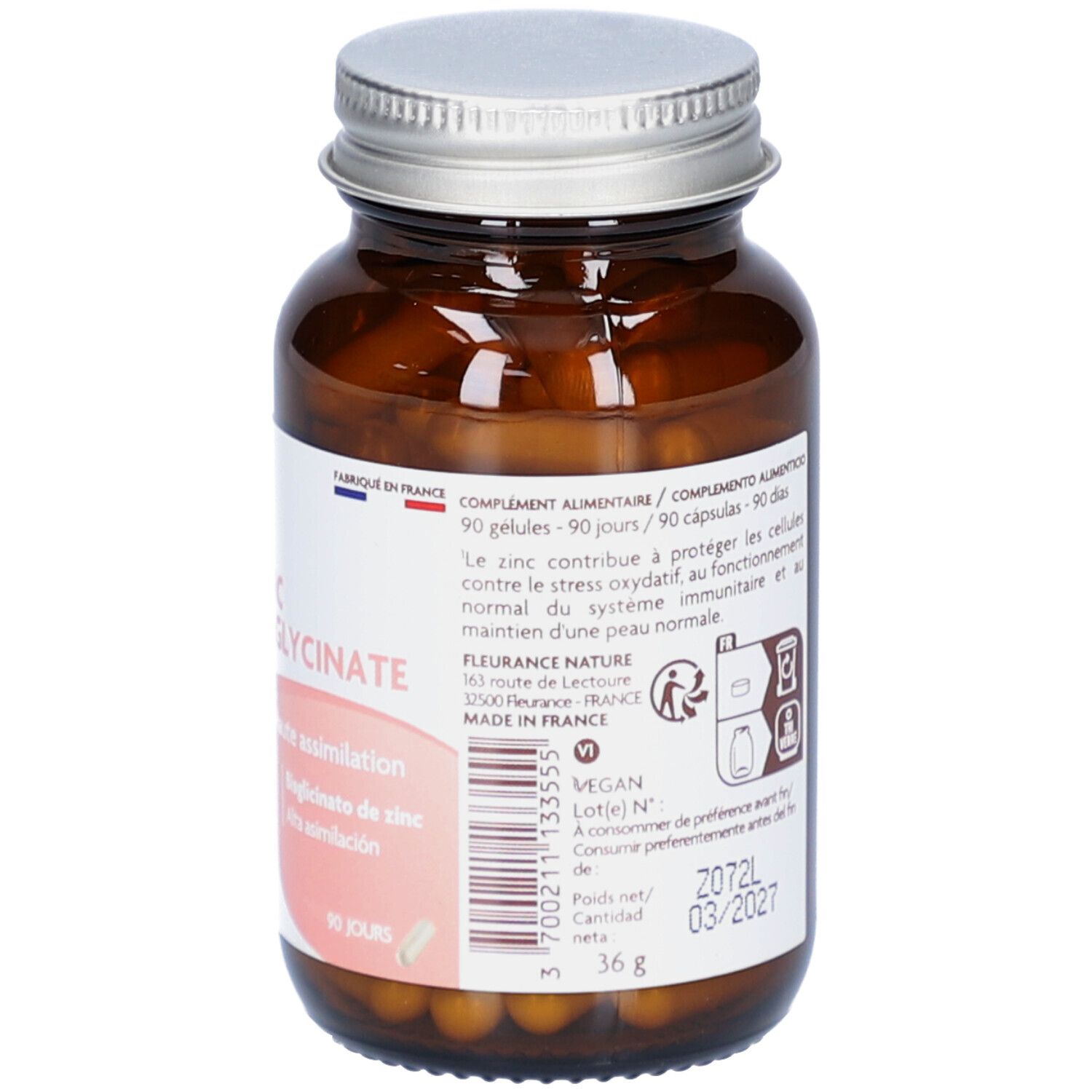 Dos du flacon. Informations et date de péremption: 03/2027. Marque: Fleurance nature. 36 g.