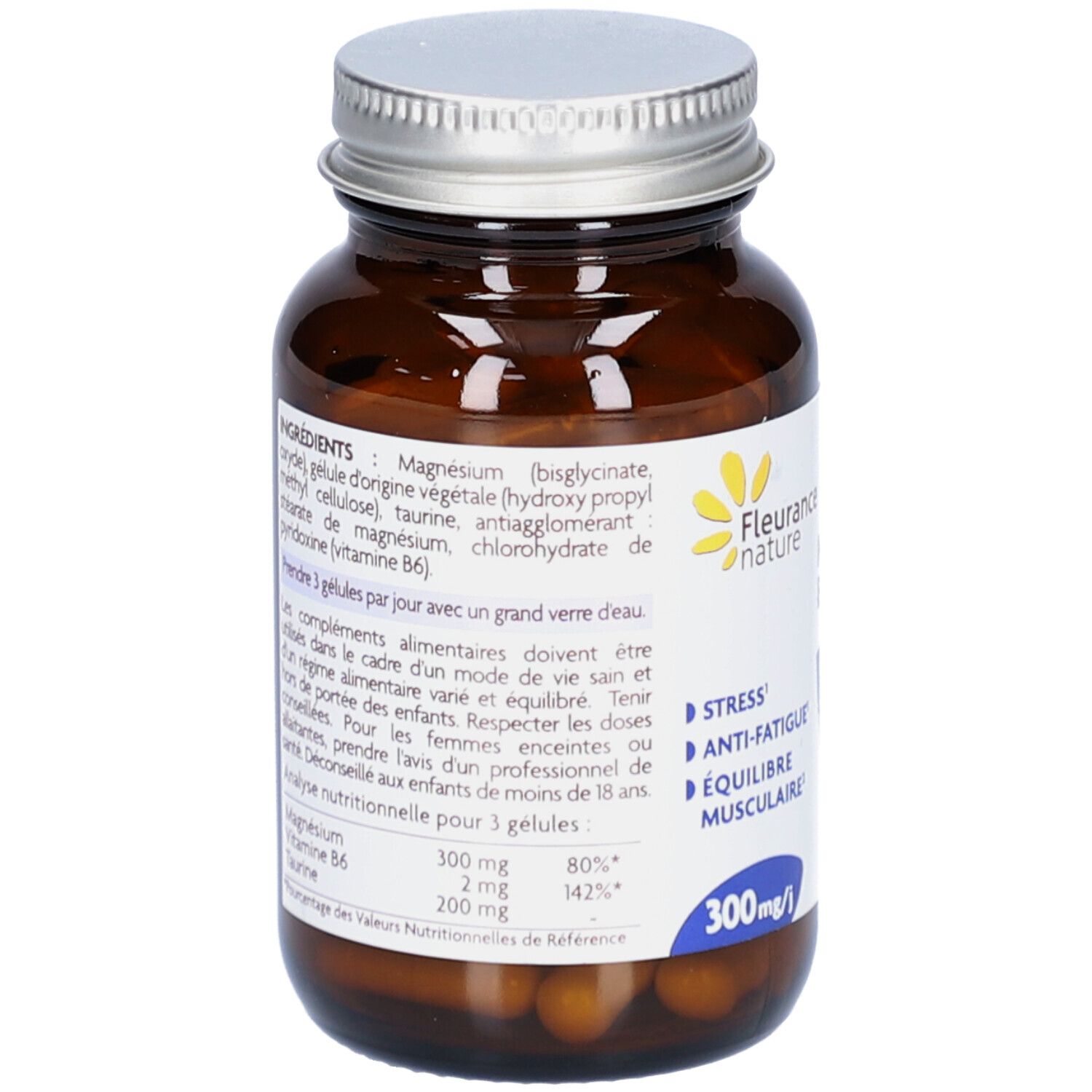 Flacon en verre brun avec capsules. Étiquette avec ingrédients et dosage. Texte: Magnésium, vitamine B6, taurine.