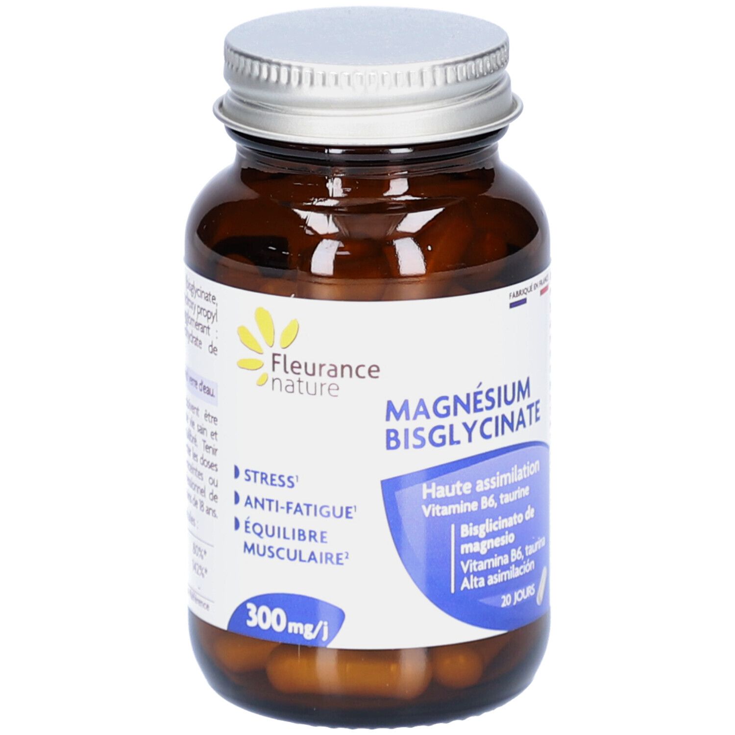 Flacon en verre brun avec capsules. Étiquette avec nom du produit et logo. Texte: Magnésium Bisglycinate, 300mg/l.