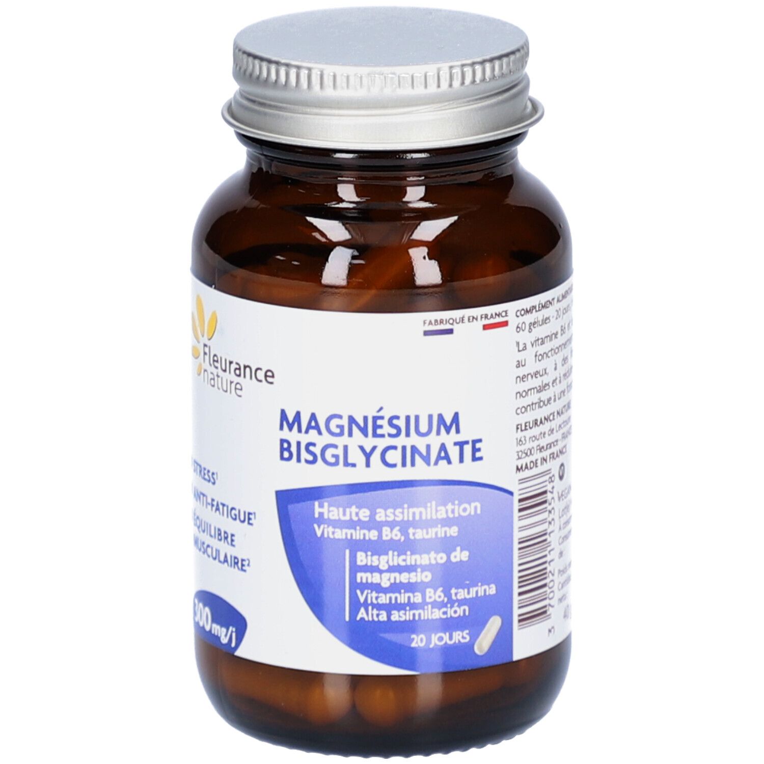 Flacon en verre brun avec capsules. Étiquette avec nom du produit et logo. Texte: Magnésium Bisglycinate, 300mg/l, 20 jours.