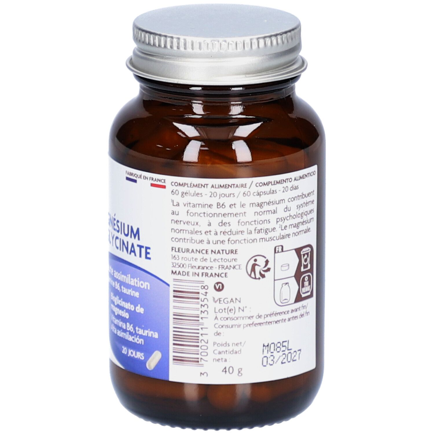 Flacon en verre brun avec capsules. Étiquette avec informations produit. Texte: Magnésium Bisglycinate, 60 gélules, 20 jours.