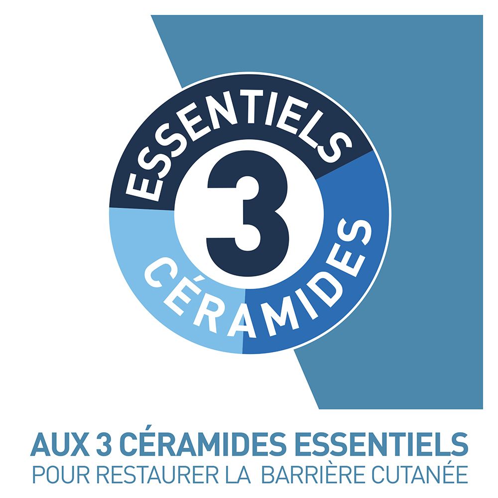 Logo circulaire avec l'inscription: 3 ESSENTIELS CERAMIDES. Texte: Aux 3 céramides essentiels pour restaurer la barrière cutanée.