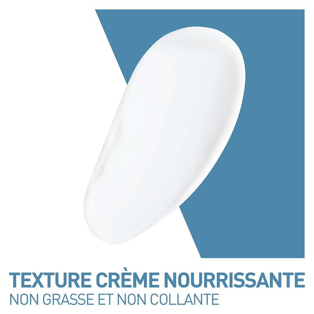 Tache de crème blanche. Texte: TEXTURE CRÈME NOURRISSANTE NON GRASSE ET NON COLLANTE.