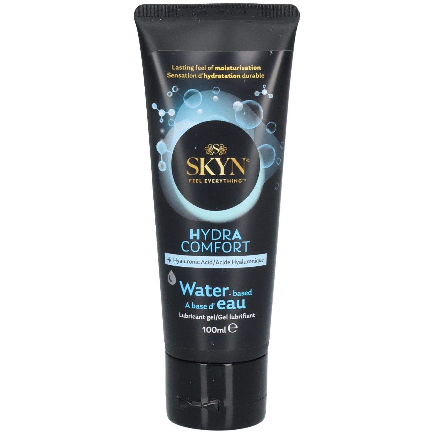Tube noire SKYN HYDRA COMFORT. Lubrifiant à base d'eau. Inscriptions bleues et nom du produit.