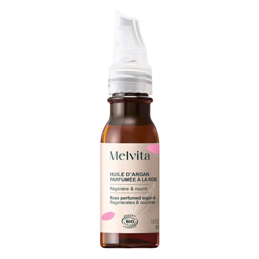 Flacon en verre brun avec applicateur. Inscription: Melvita, Huile d'Argan Parfumée à la Rose. Certification Bio.