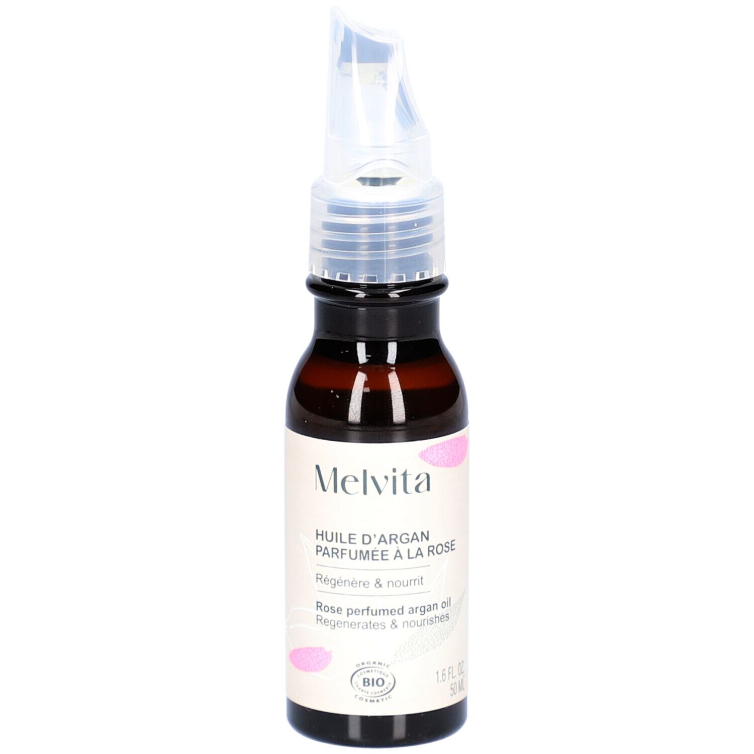 Flacon en verre brun avec applicateur. Inscription: Melvita, Huile d'Argan Parfumée à la Rose. Certification Bio.