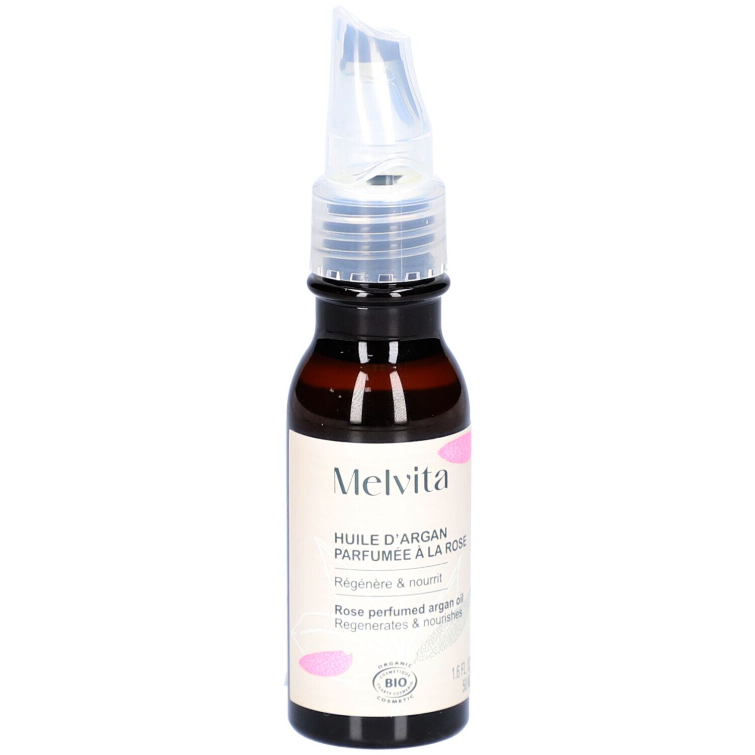 Flacon en verre brun avec applicateur. Inscription: Melvita, Huile d'Argan Parfumée à la Rose. Certification Bio.