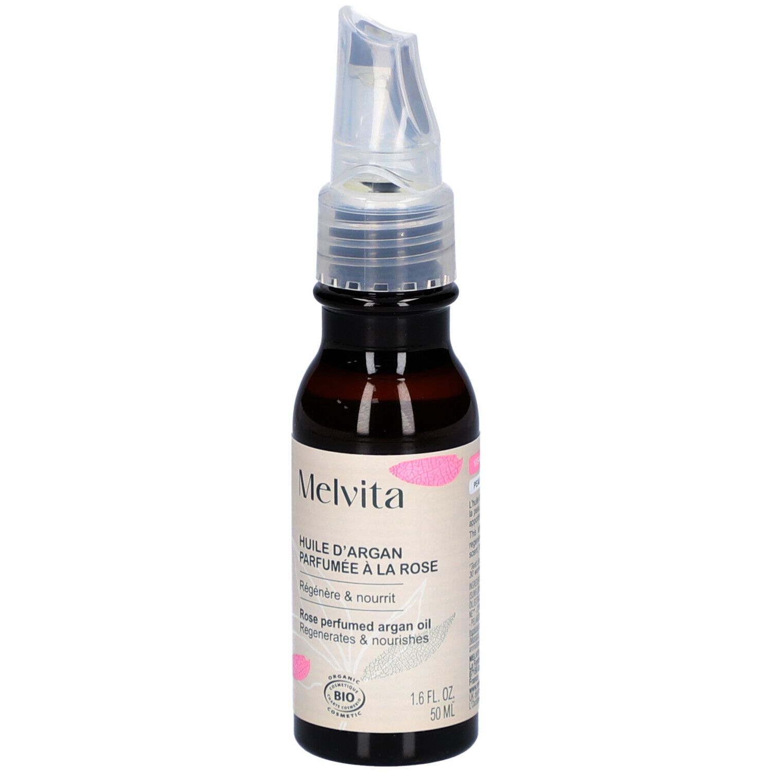 Flacon en verre brun avec applicateur. Inscription: Melvita, Huile d'Argan Parfumée à la Rose. Certification Bio.