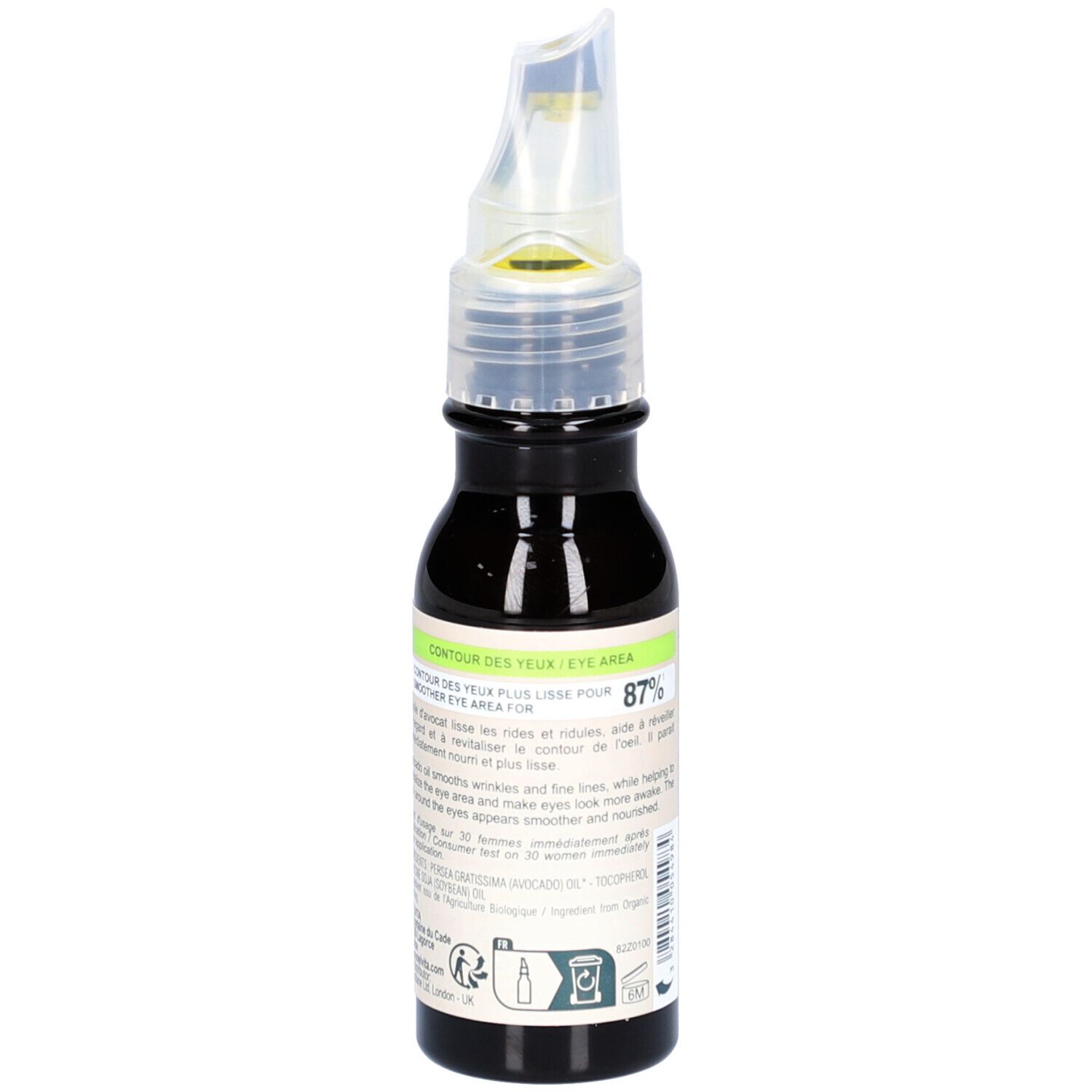 Flacon en verre brun avec applicateur. Inscription: Contour des yeux/Eye area. Texte sur le soin des yeux.