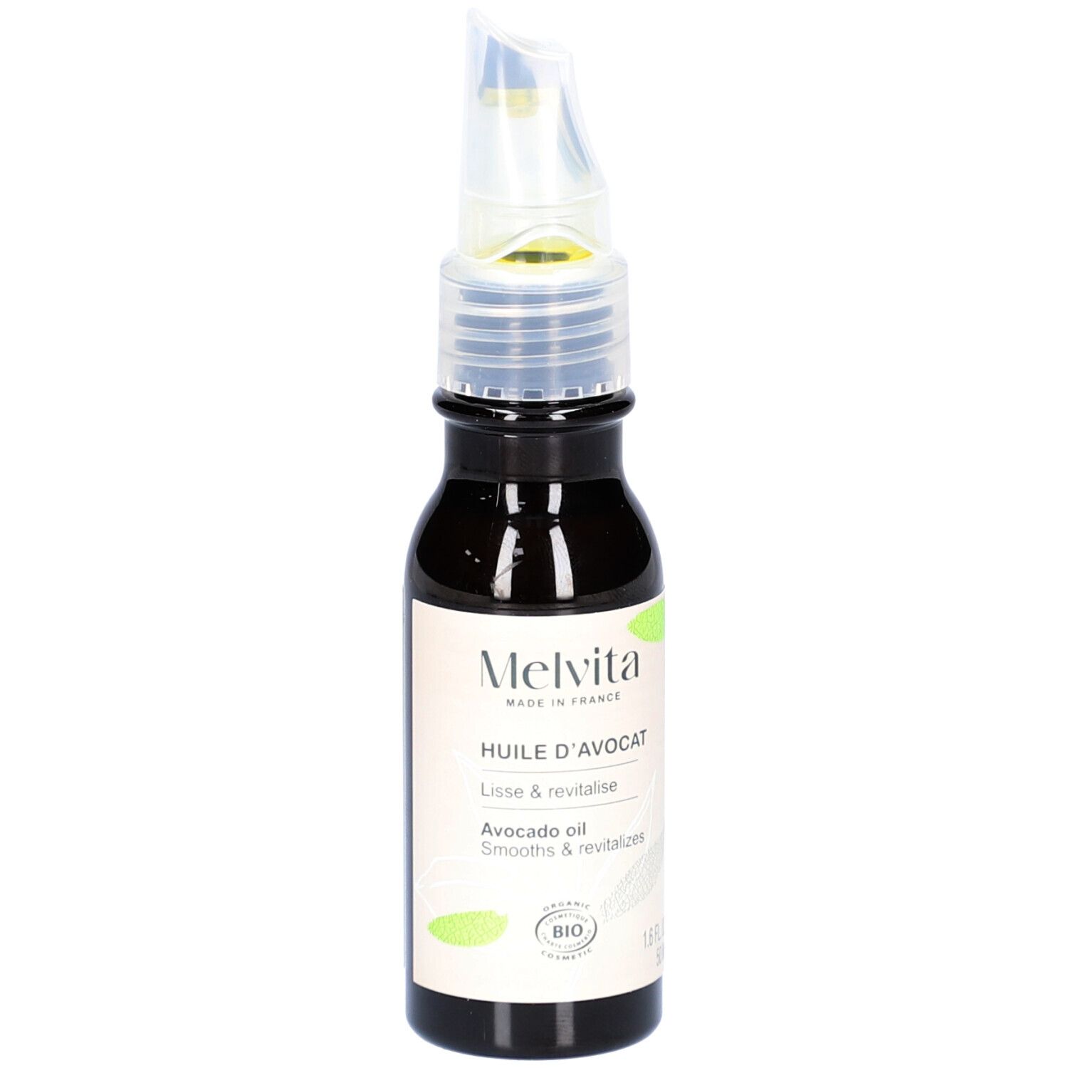 Flacon en verre brun avec applicateur. Inscription: Huile d'Avocat, Avocado oil. Certification Bio.