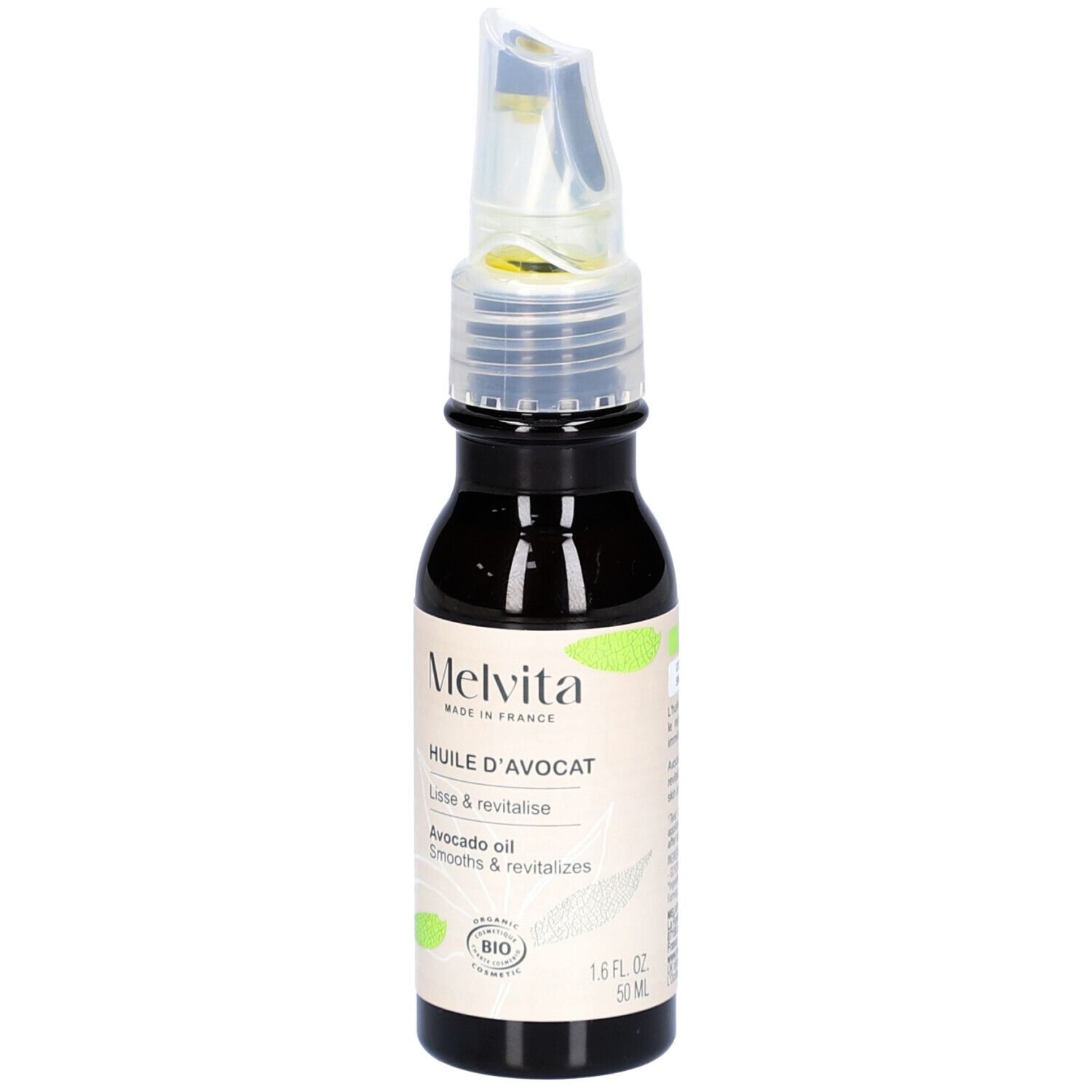 Flacon en verre brun avec applicateur. Inscription: Huile d'Avocat, Avocado oil. Certification Bio. 50 ml.