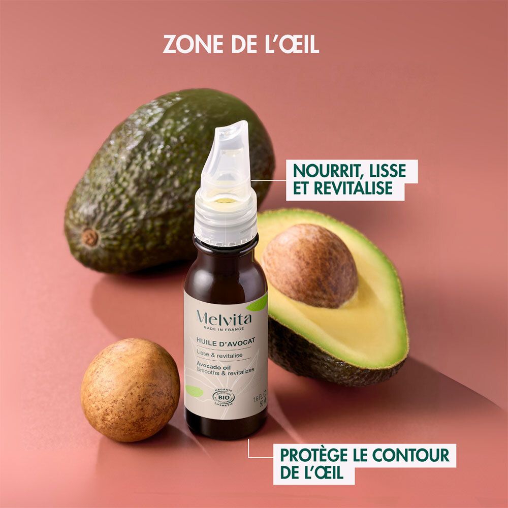 Flacon d'huile d'avocat, avocat et moitié d'avocat. Texte: Nourrit, lisse et revitalise. Pour le contour des yeux.